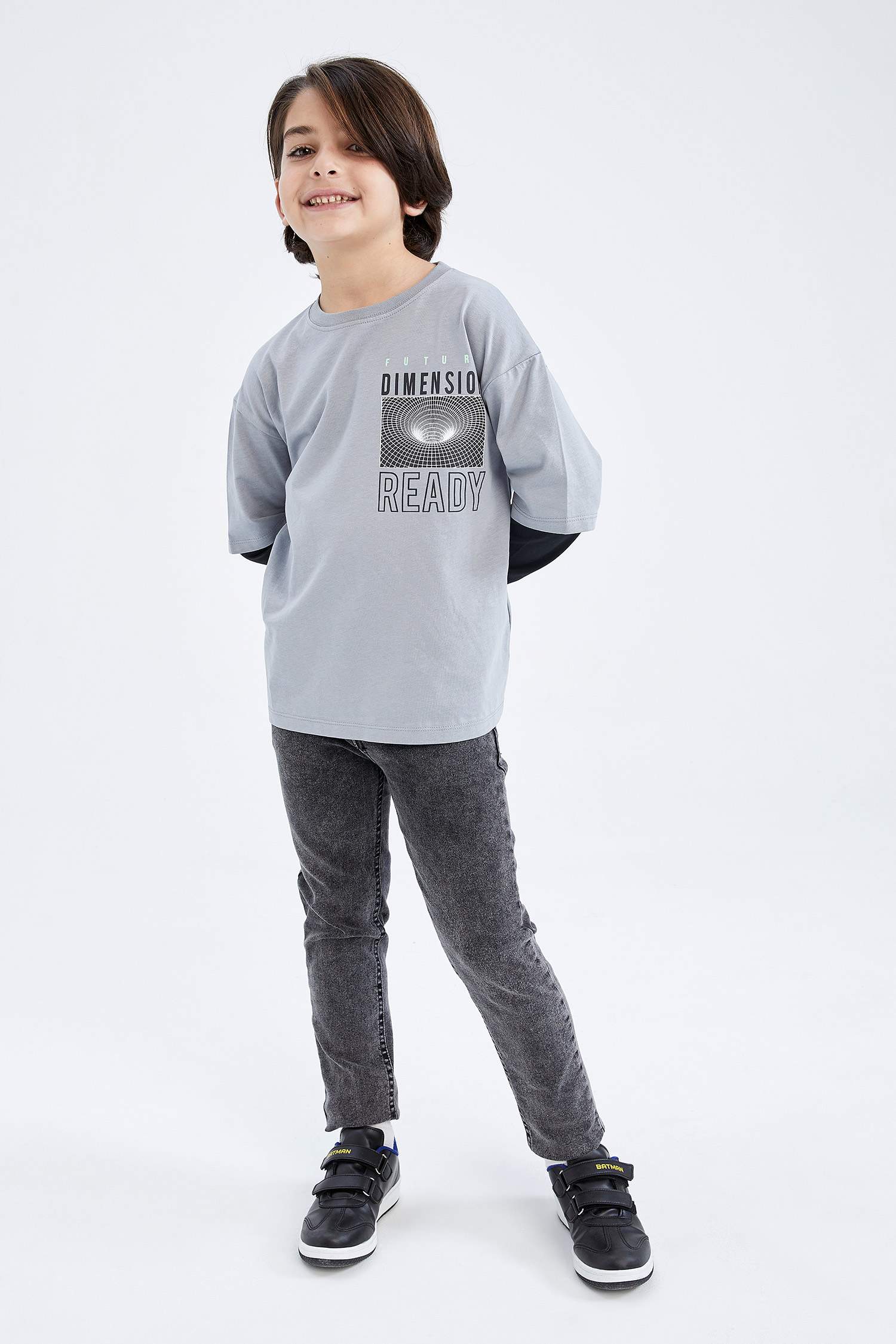 Grey Boys & Teens Boy Oversize Fit Crew Neck Combed Long Sleeve T-Shirt ...