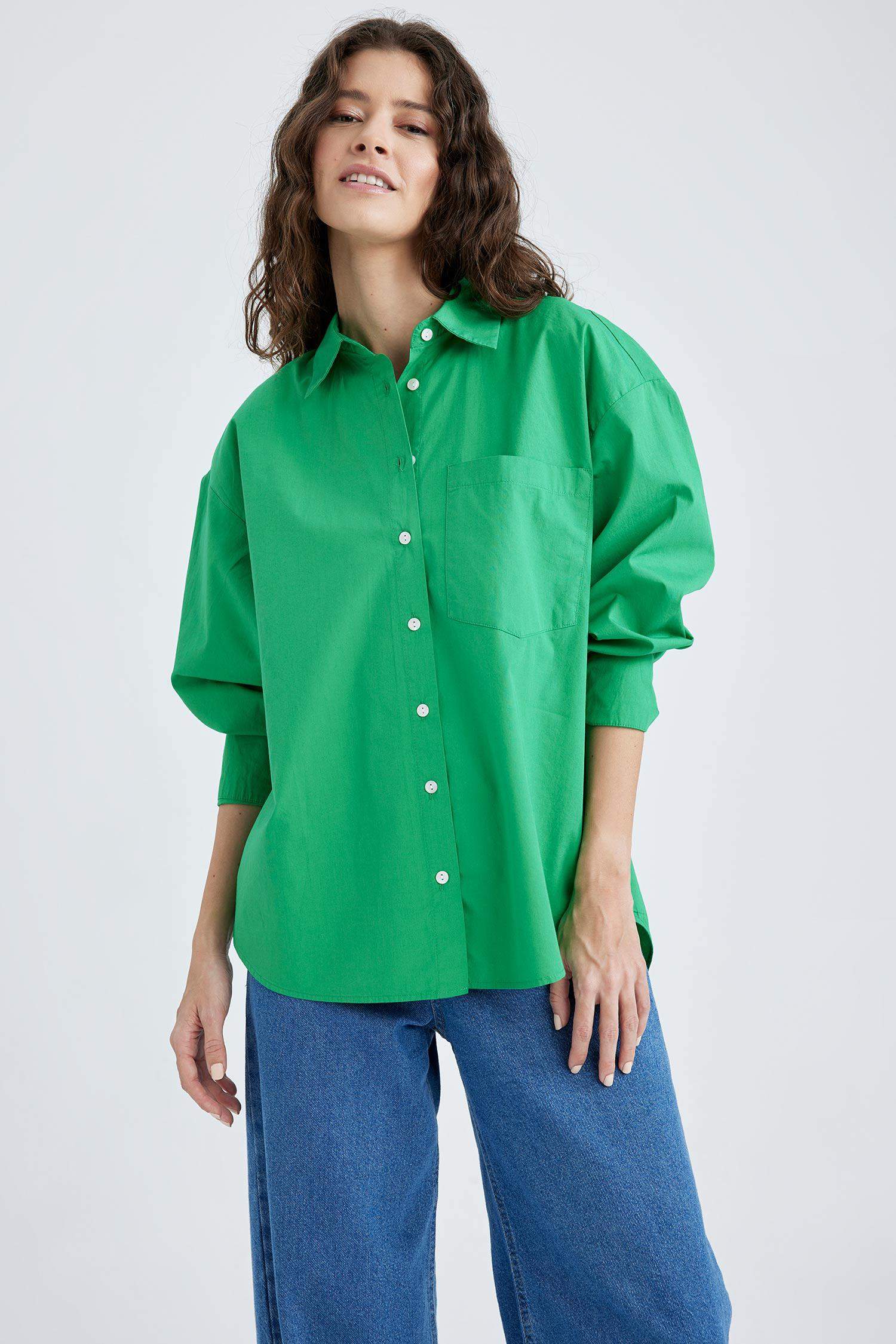 Green Woman Oversize Fit Poplin Long Sleeve Shirt 2659494 Defacto