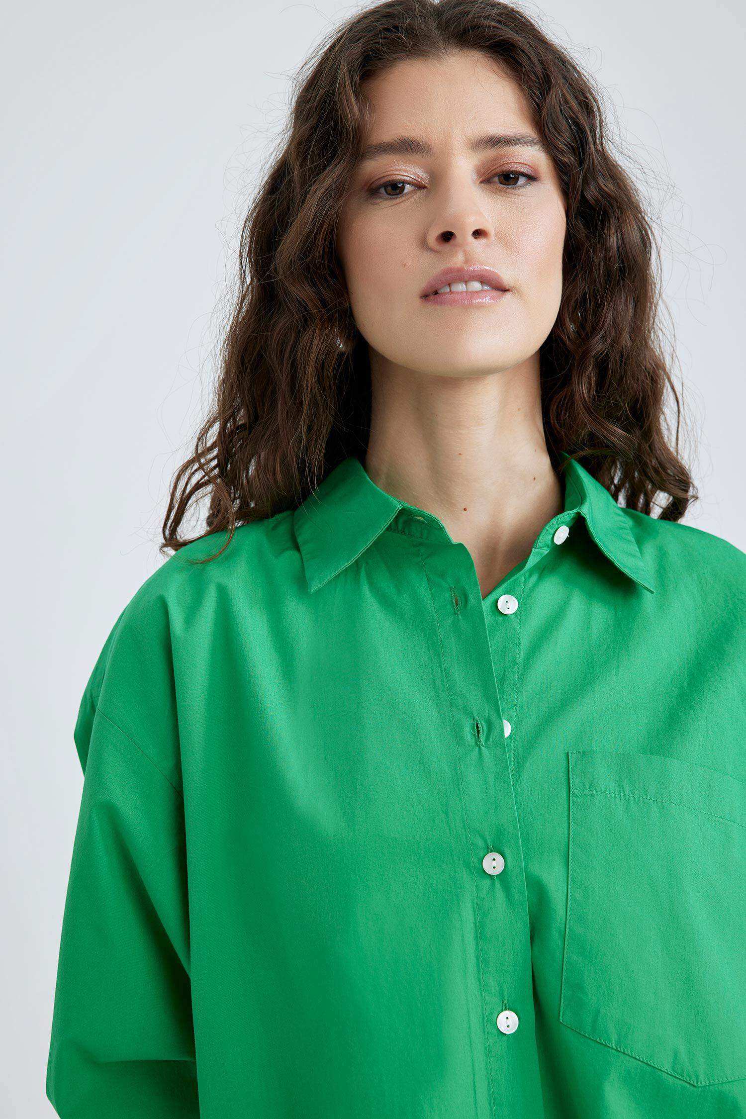 Green WOMAN Oversize Fit Poplin Long Sleeve Shirt 2659494 | DeFacto