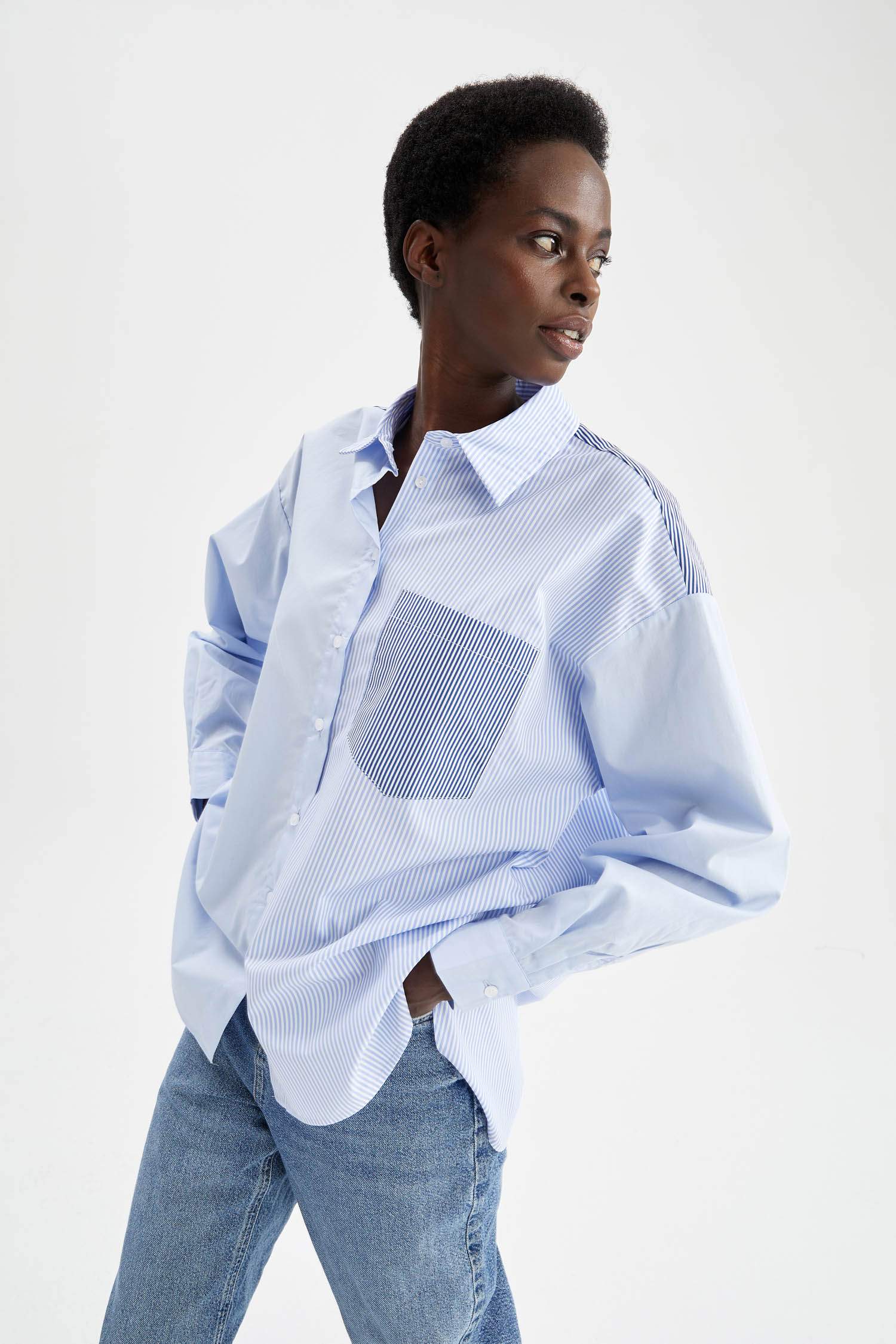 Blue WOMAN Oversized Long Sleeve Striped Shirt 2378408 | DeFacto