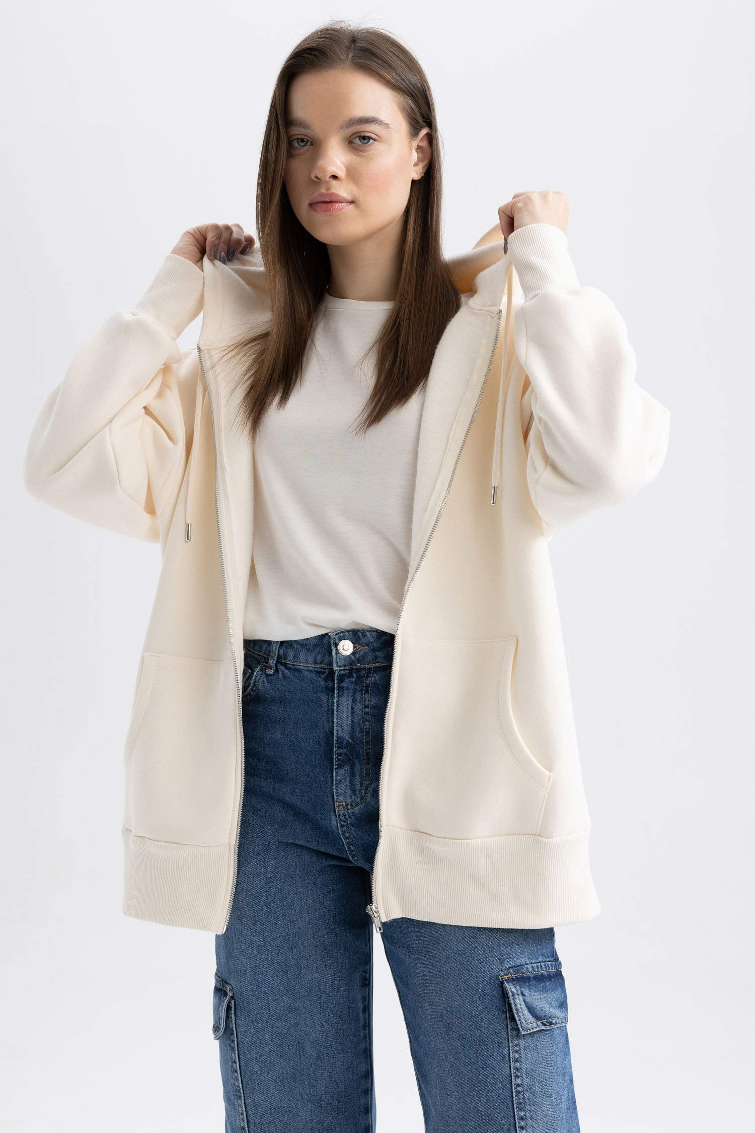 Oversize Fit Hooded Thick Fabric Cardigan
