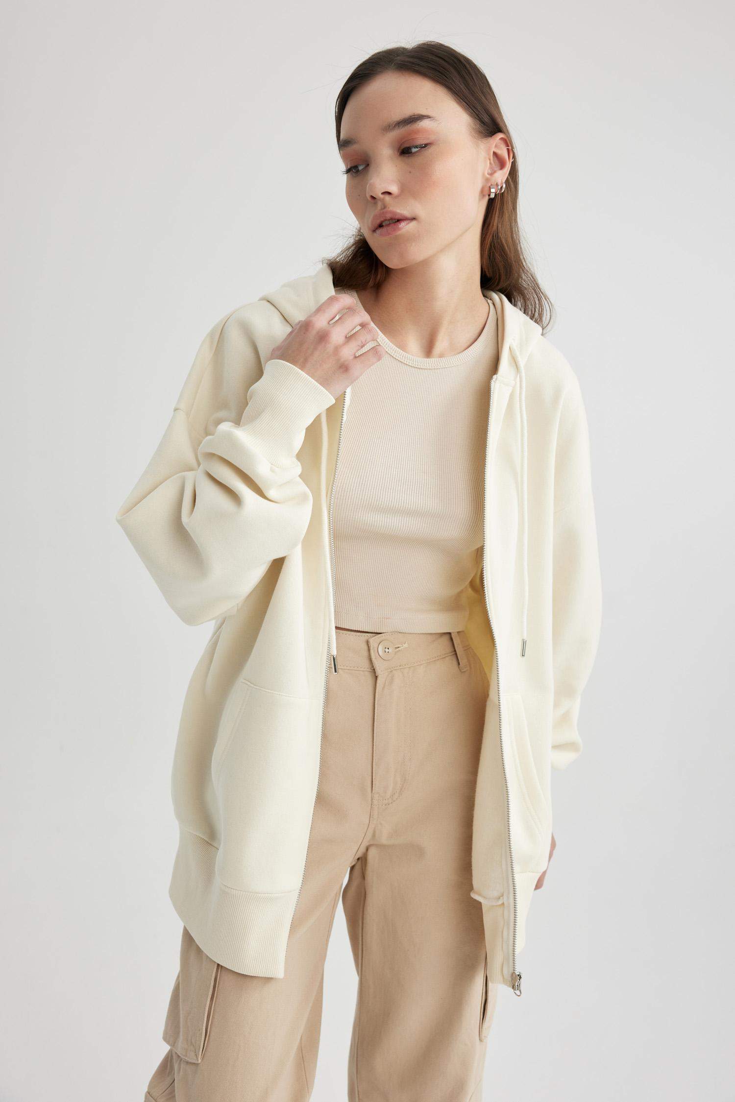 Oversize Fit Hooded Pocket Basic Zippered Sweatshirt