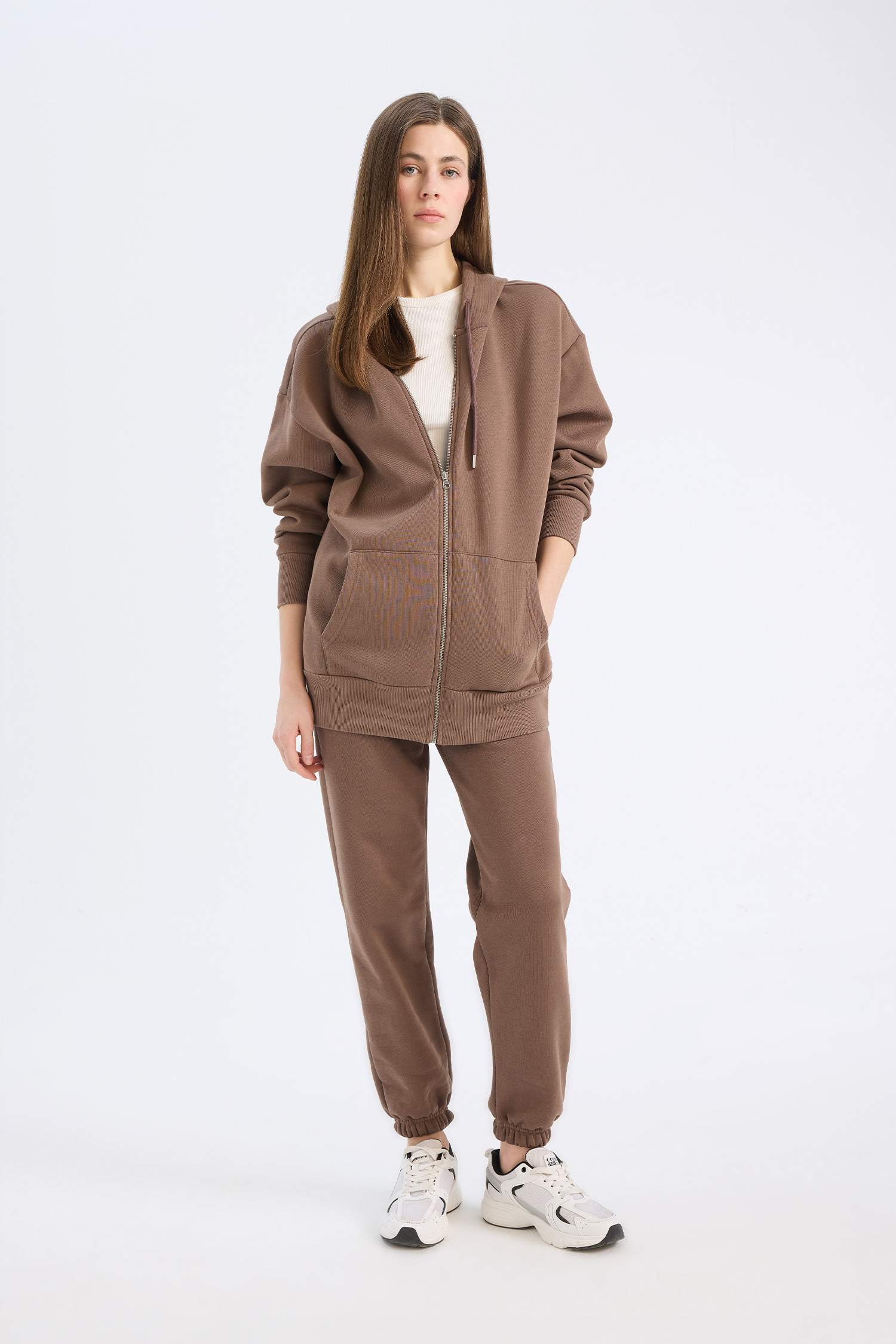 Oversize Geniş Kalıp Kapüşonlu Cepli Basic Düz Fermuarlı Sweatshirt