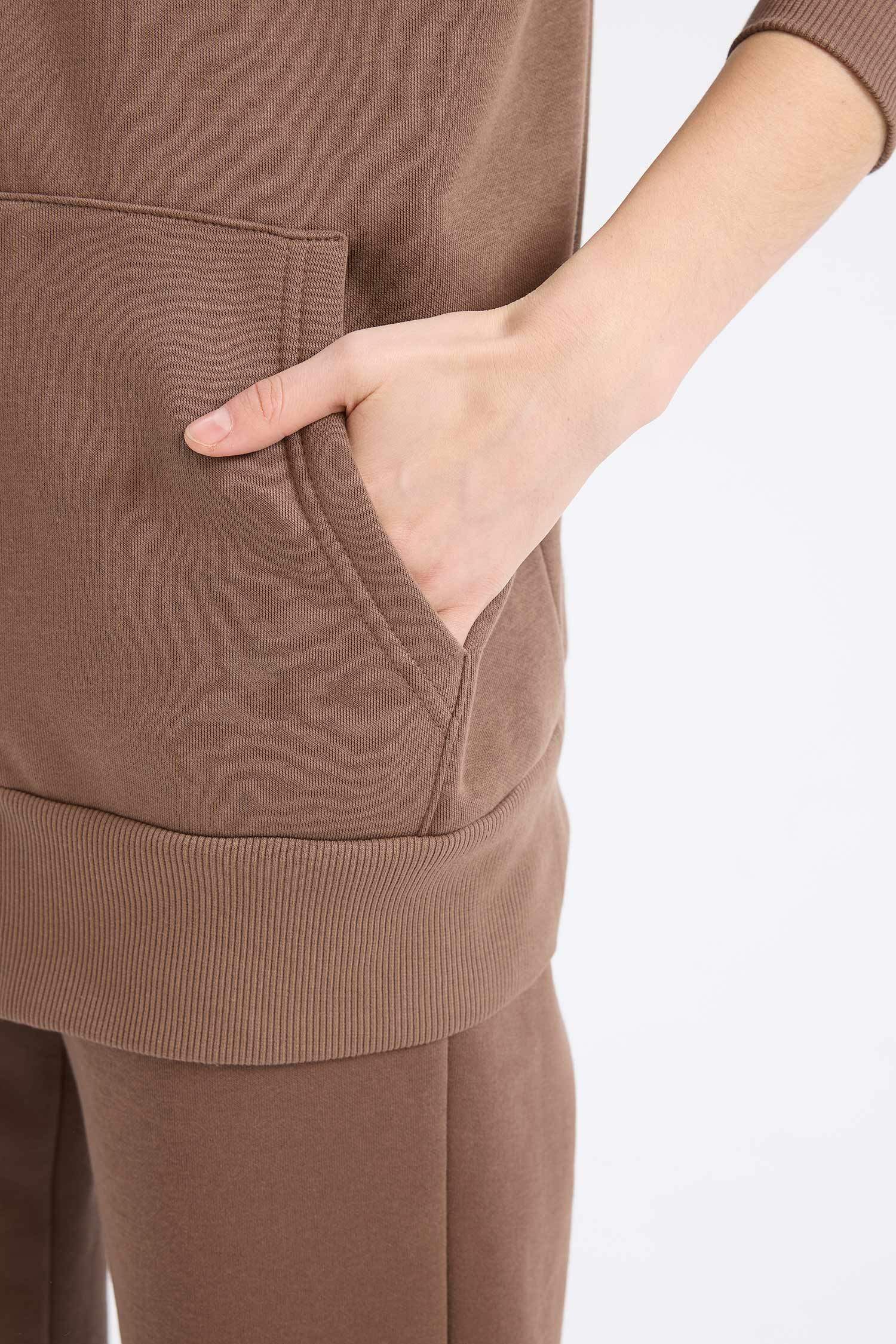 Oversize Geniş Kalıp Kapüşonlu Cepli Basic Düz Fermuarlı Sweatshirt