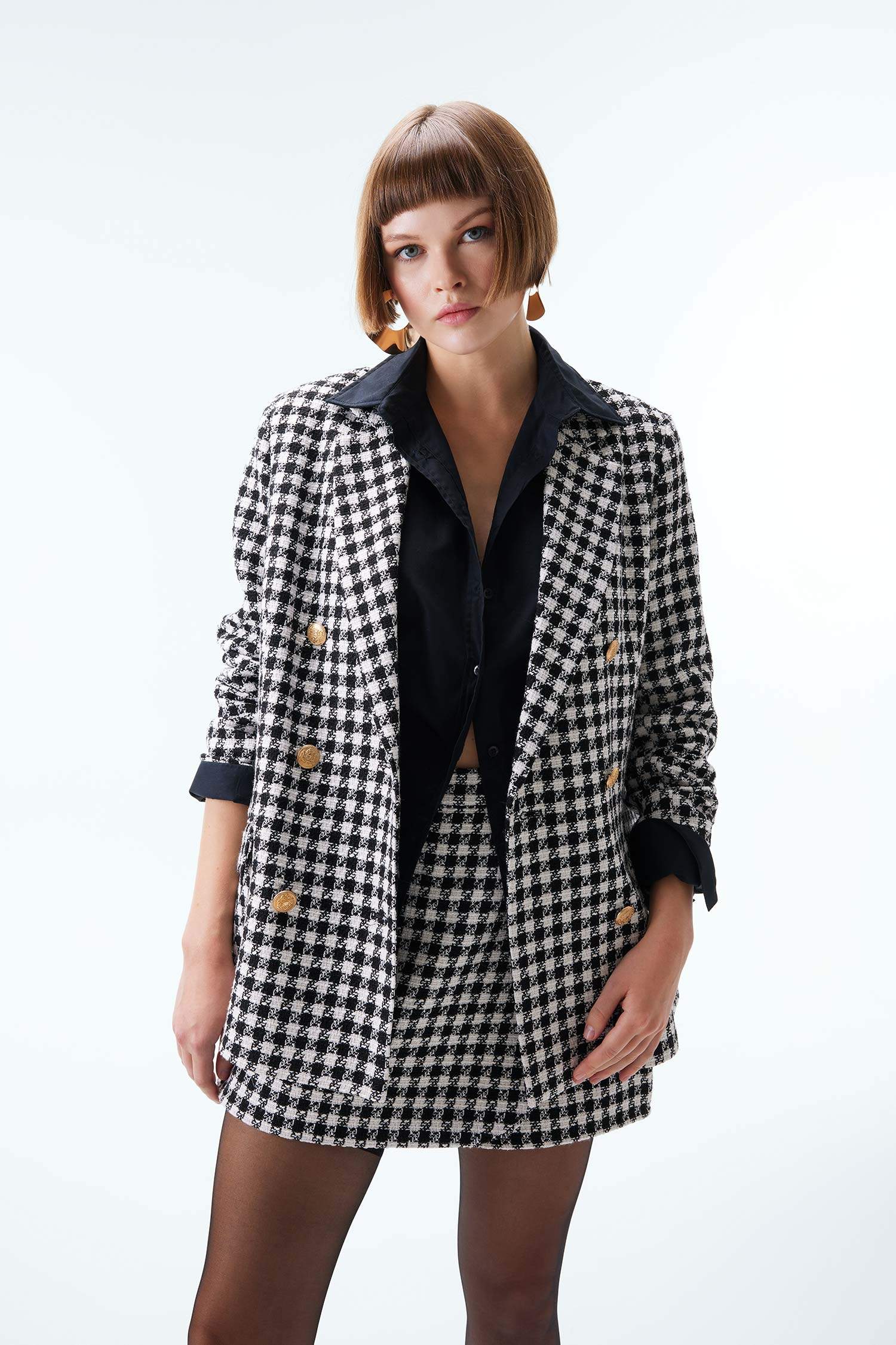 Oversize Fit Houndstooth Patterned Textured Blazer