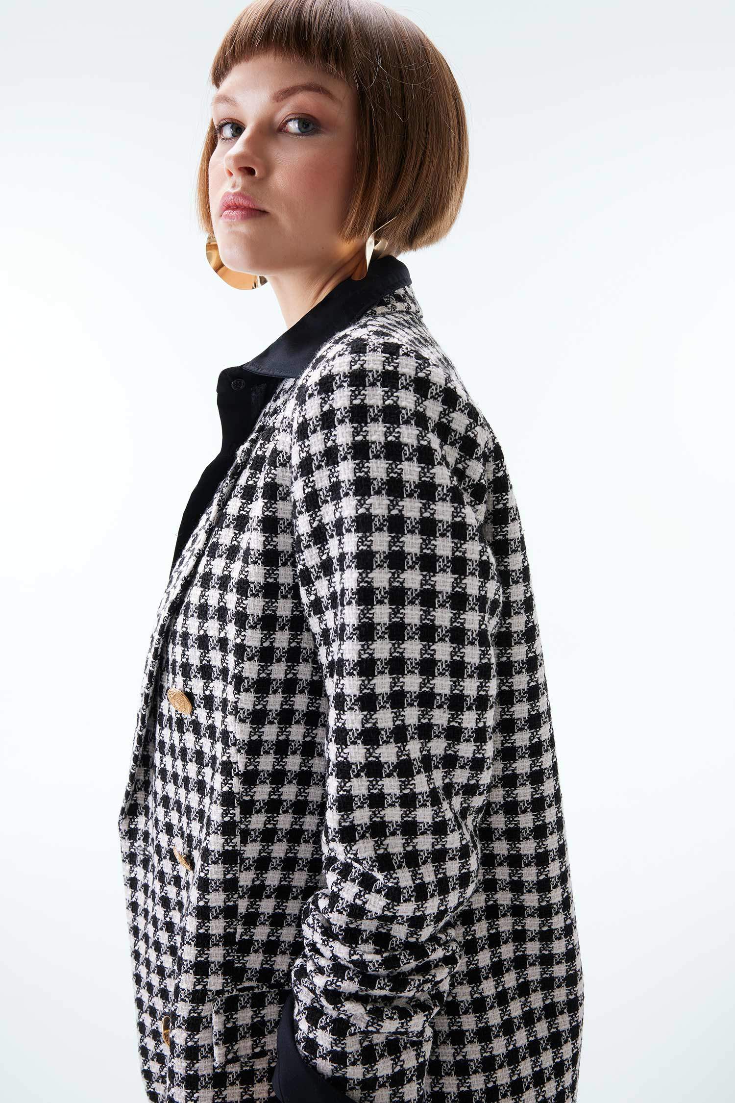 Oversize Fit Houndstooth Patterned Textured Blazer