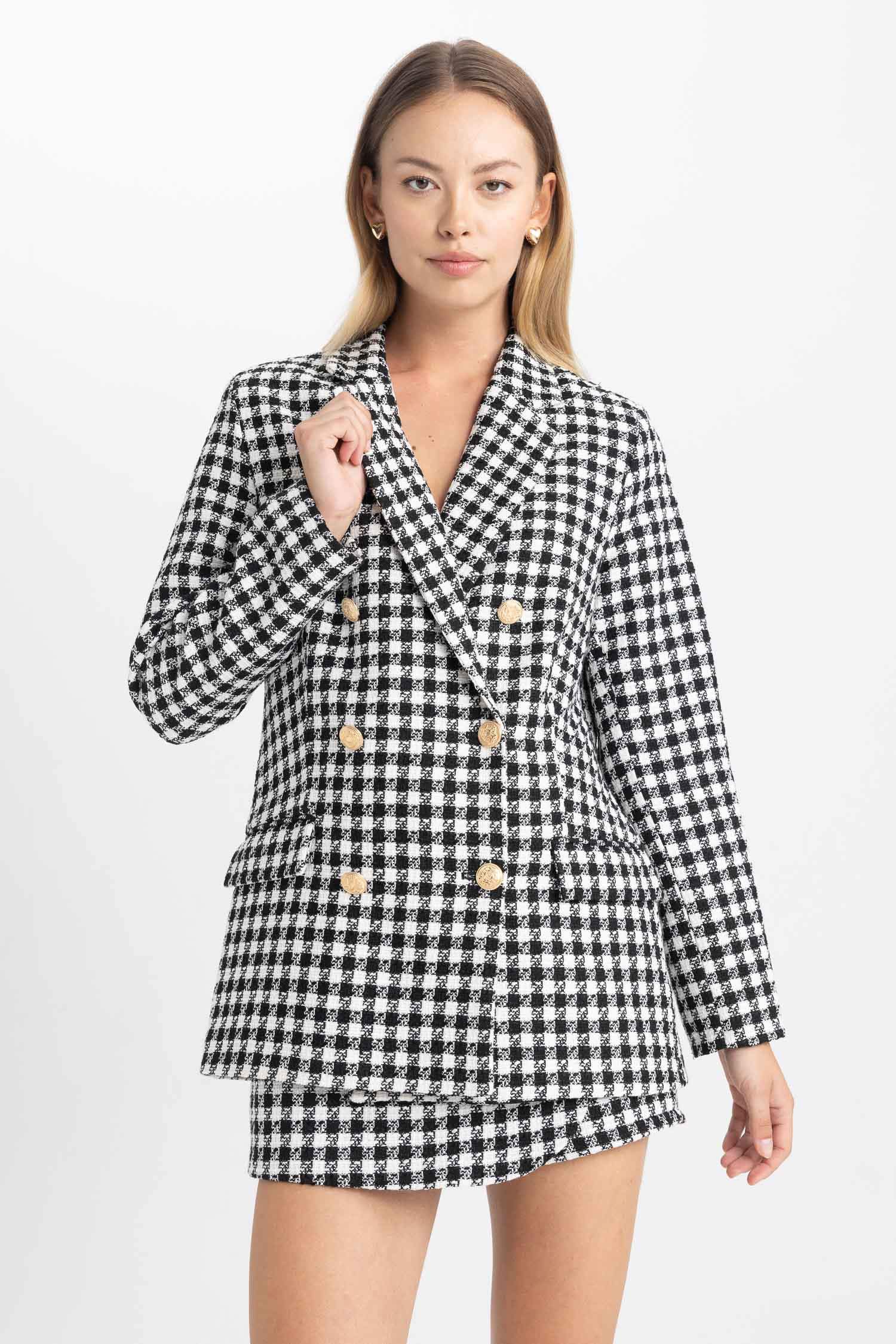 Oversize Fit Houndstooth Patterned Textured Blazer