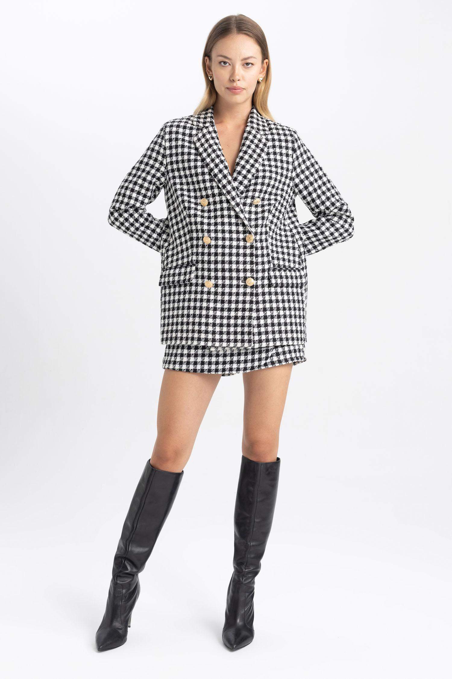 Oversize Fit Houndstooth Patterned Textured Blazer