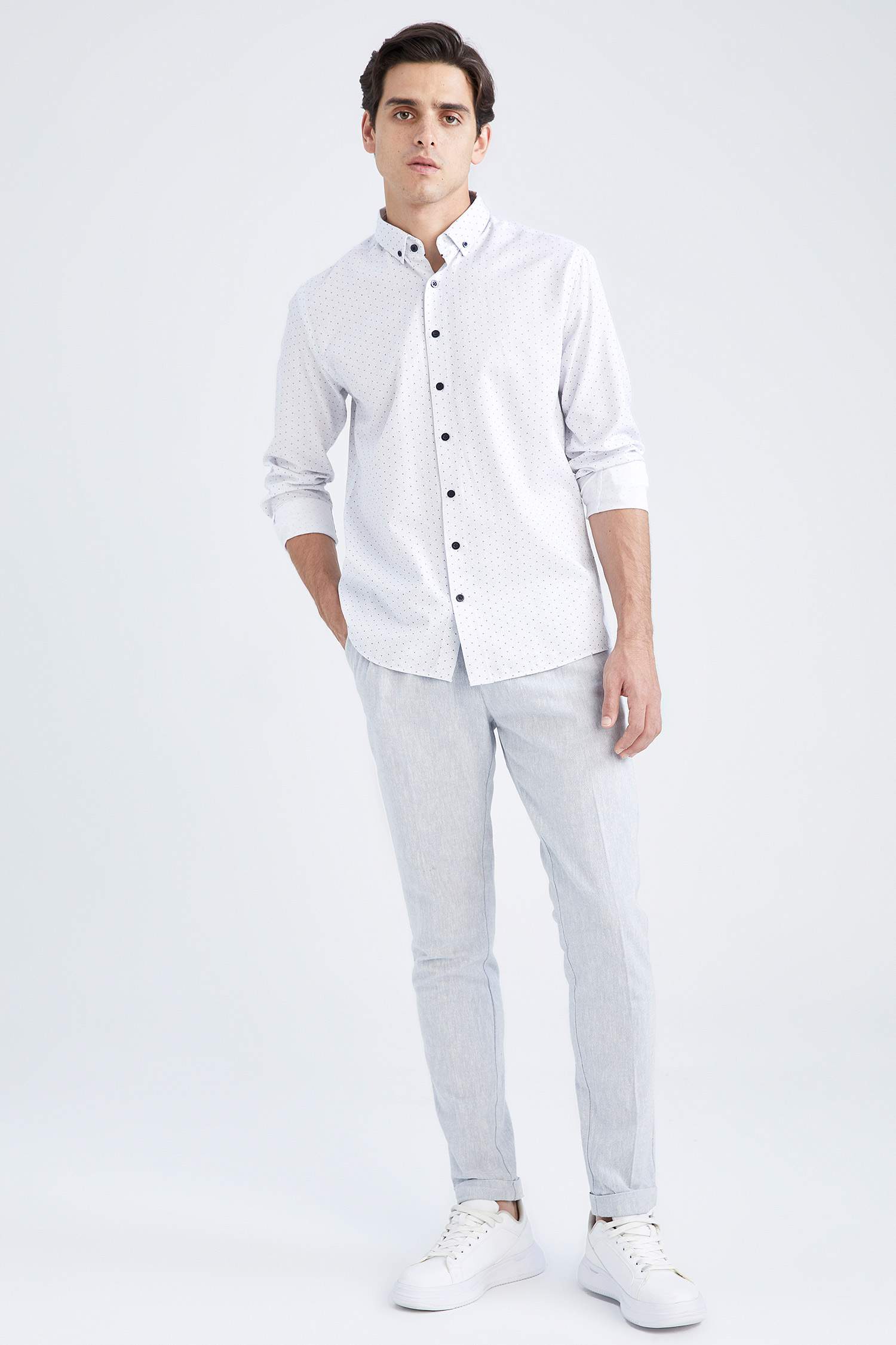 White MAN Modern Fit Polo Neck Printed Long Sleeve Shirt 2631331 