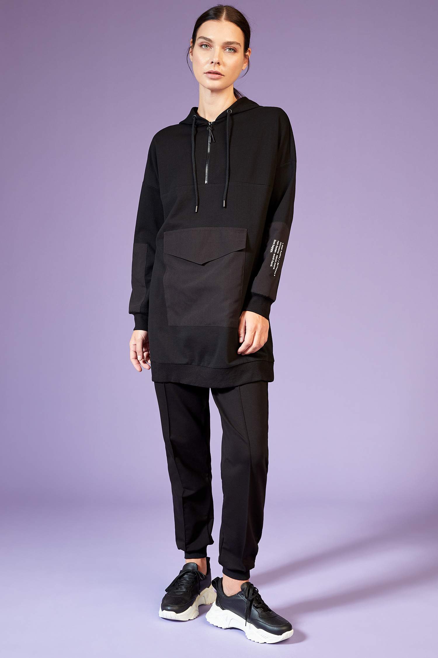 Defacto Regular Fit Kapüşonlu Baskılı Kanguru Cepli Sweatshirt Tunik. 2