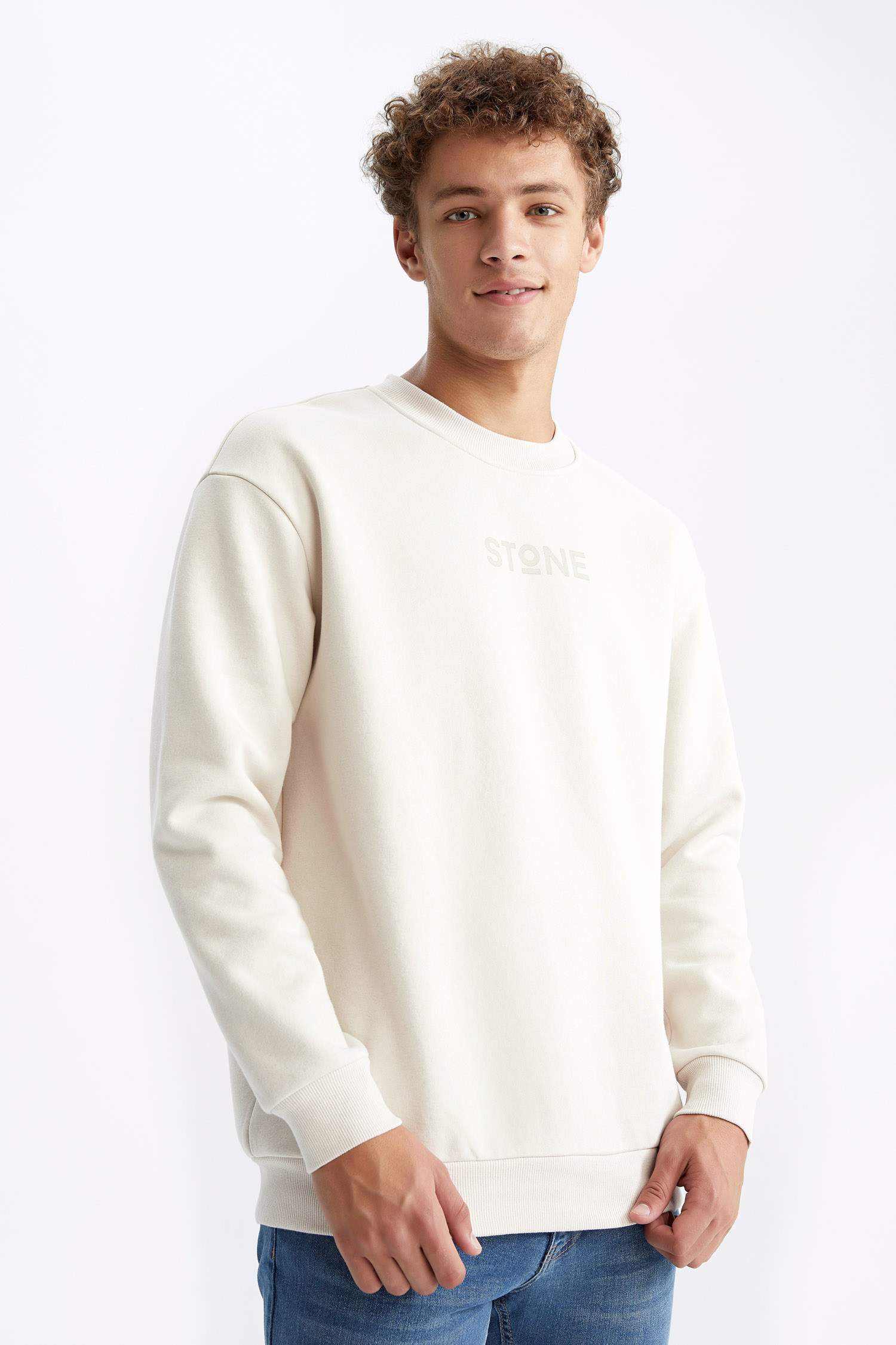 Beige MAN Boxy Fit Crew Neck Printed 