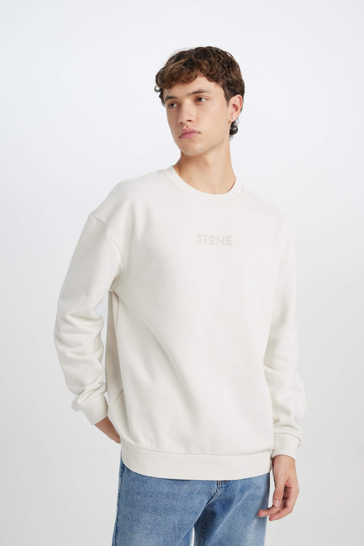 Boxy Fit Bisiklet Yaka Baskılı Sweatshirt