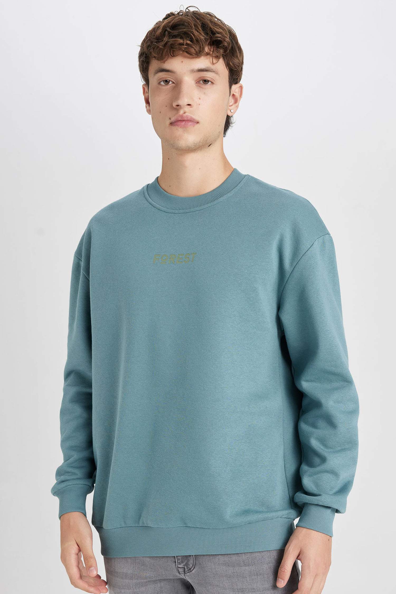 Boxy Fit Bisiklet Yaka Baskılı Sweatshirt