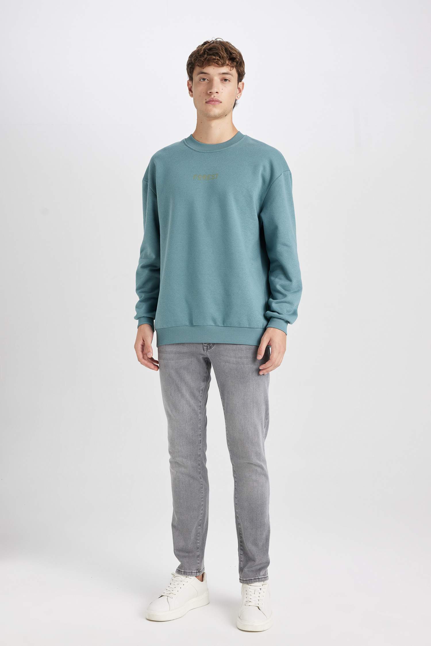 Boxy Fit Bisiklet Yaka Baskılı Sweatshirt