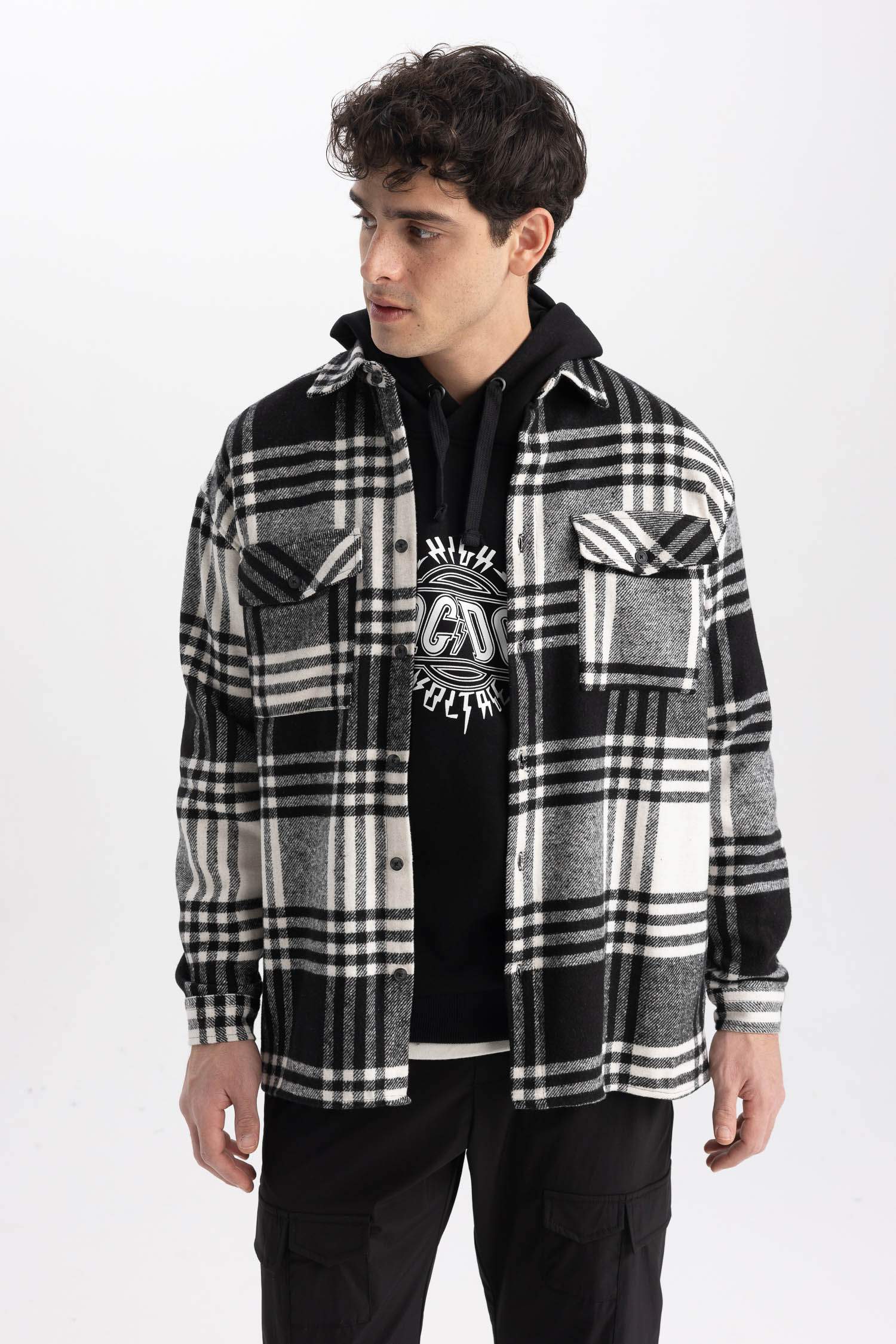 قميص كاروهات كم طويل قصة مريحة