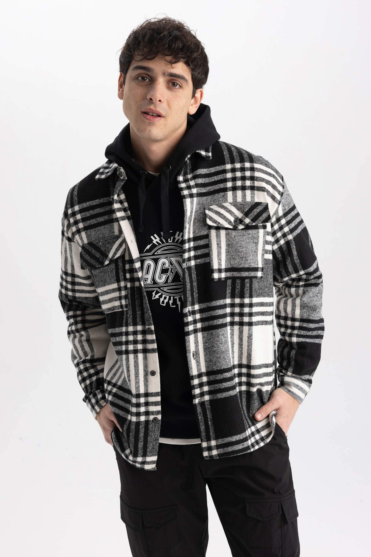 قميص كاروهات كم طويل قصة مريحة