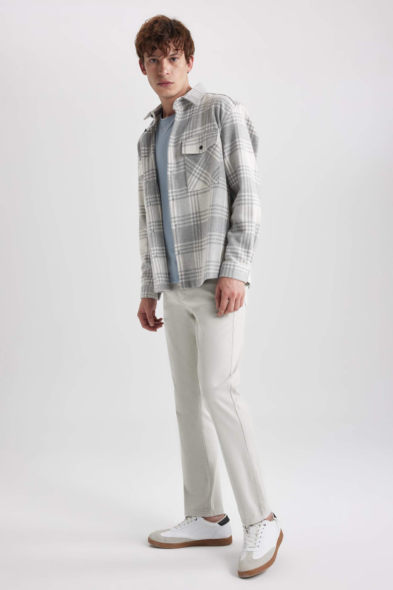 قميص كاروهات كم طويل قصة مريحة