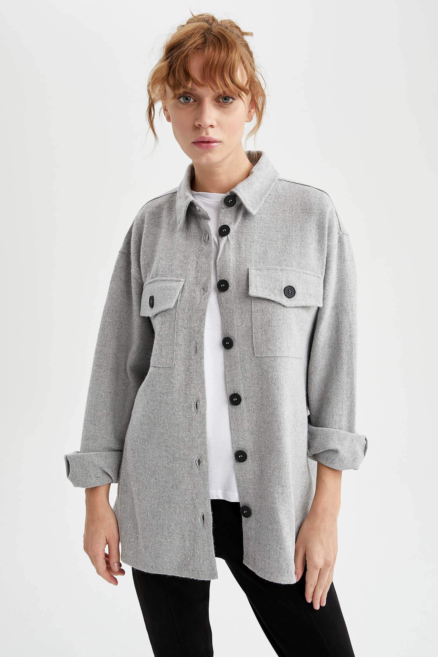 Grey Woman Long Sleeve Buttoned Longline Shirt 2086775 | DeFacto