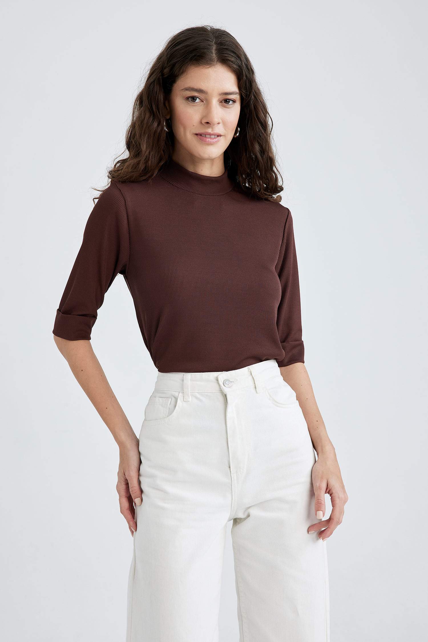 Brown WOMAN Slim Fit Half Turtleneck Short Sleeve T-Shirt 2384663