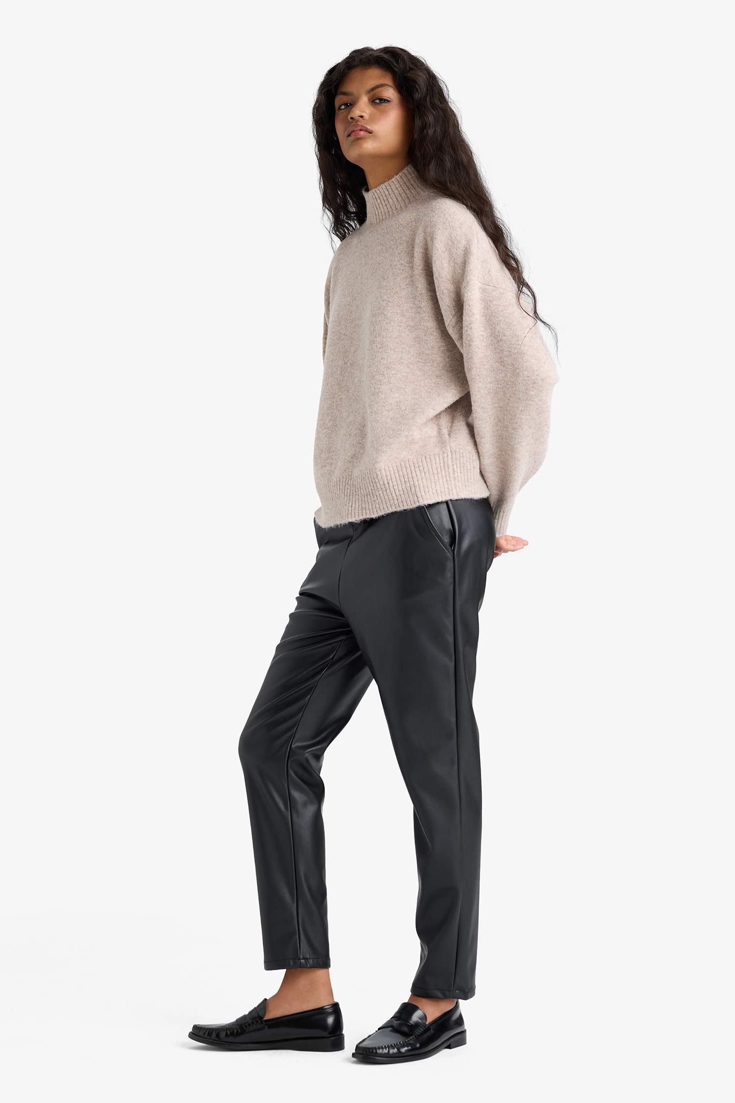 Yüksek Bel Jogger Kışlık Pantolon Cepli Standart Paça Suni Deri