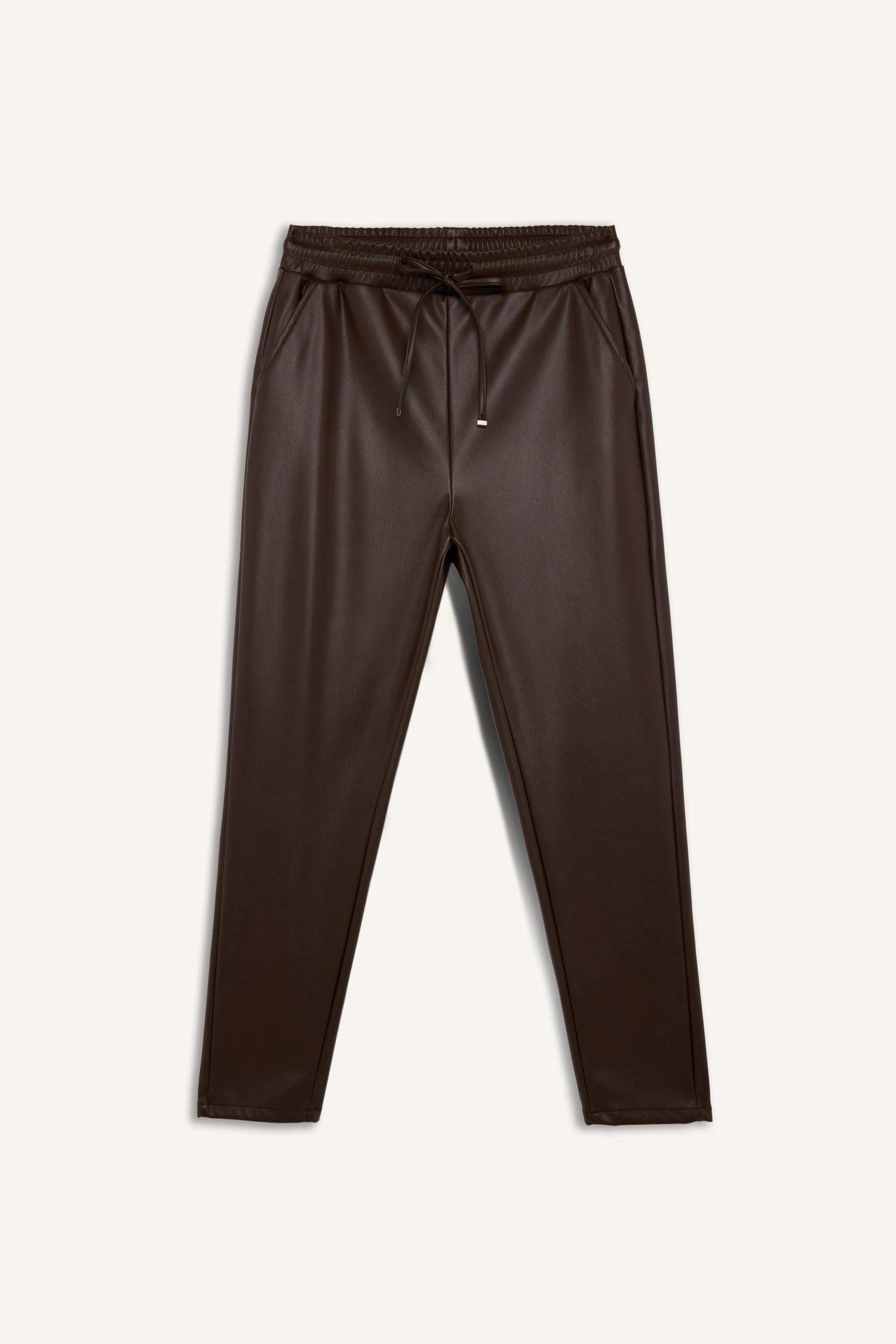 Jogger Fit Cepli Yüksek Bel Standart Paça Suni Deri Pantolon