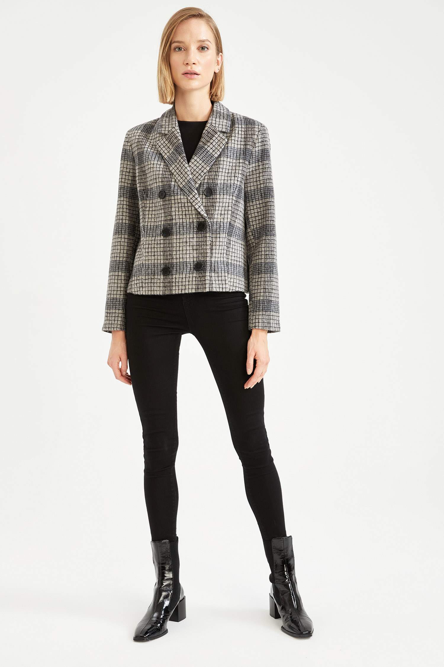 Grey WOMAN Plaid Button Detailed Crop Blazer Jacket 2280103 | DeFacto