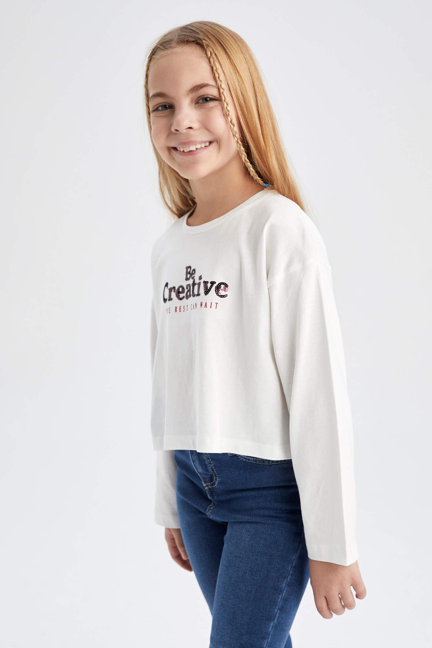 Ecru Girls & Teens Girl Long Sleeve Printed Crop T-Shirt 2314583 | DeFacto