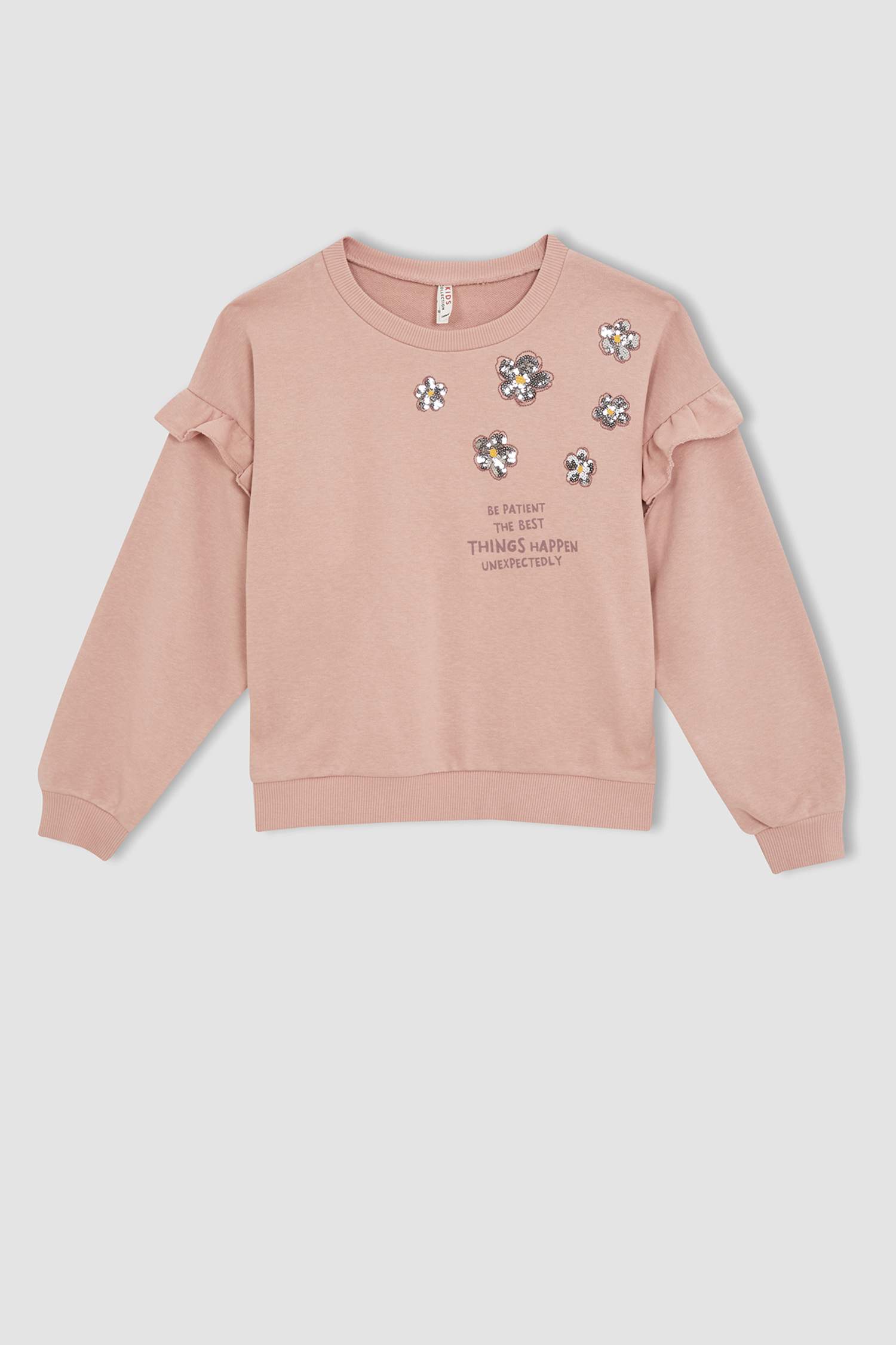 Defacto Kız Çocuk Regular Fit Bisiklet Yaka Fırfırlı Payetli Sweatshirt. 3