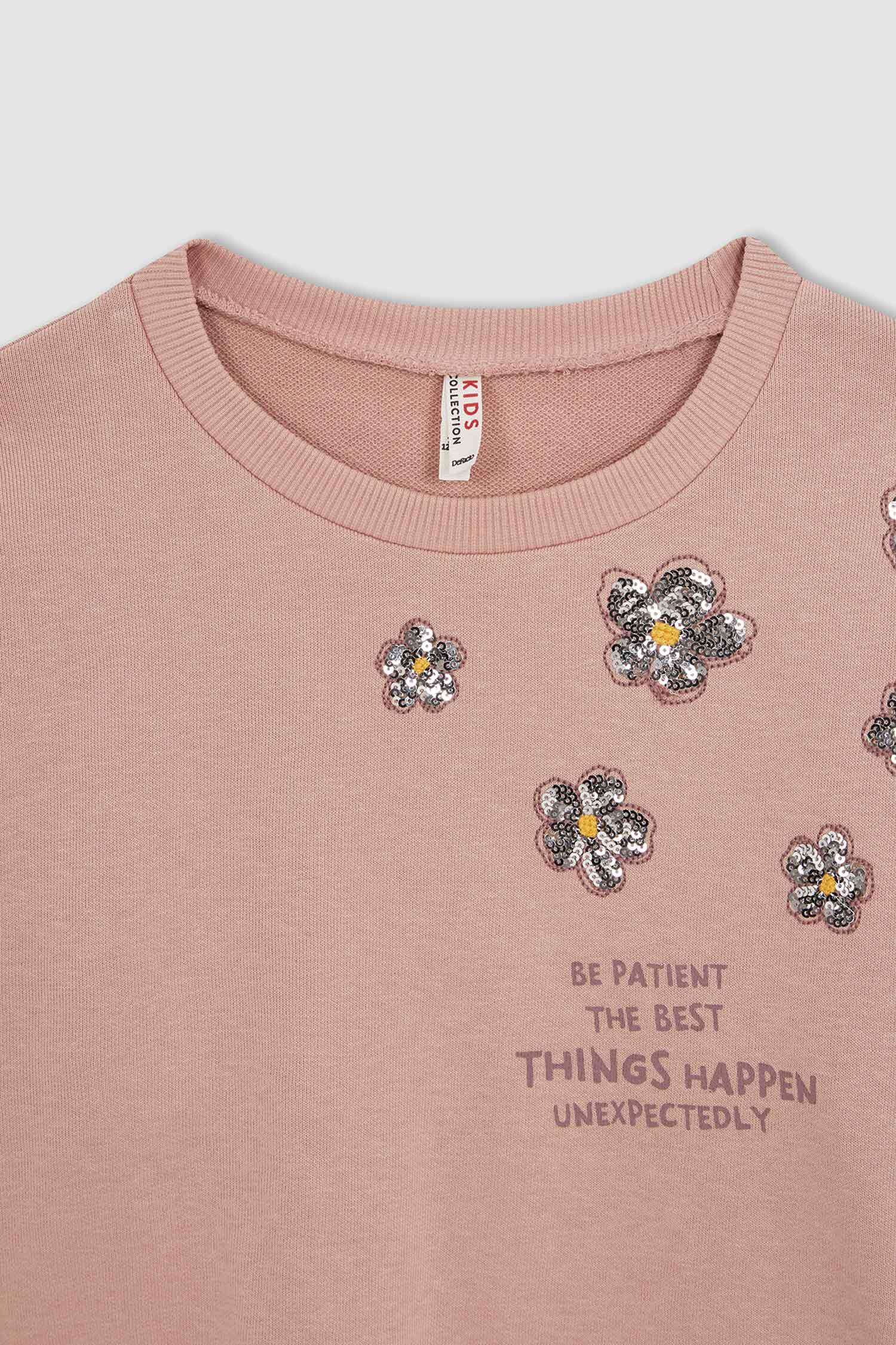 Defacto Kız Çocuk Regular Fit Bisiklet Yaka Fırfırlı Payetli Sweatshirt. 2