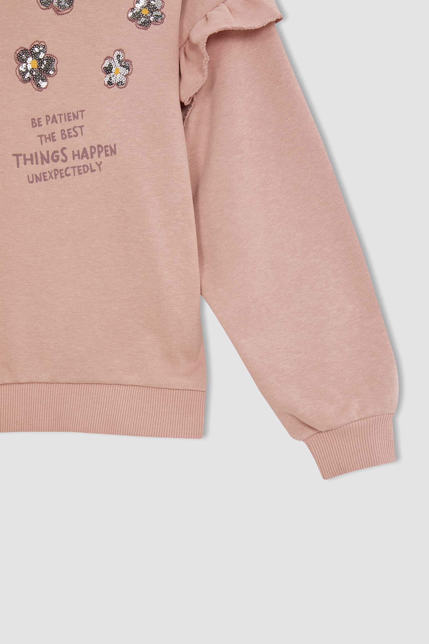 Defacto Kız Çocuk Regular Fit Bisiklet Yaka Fırfırlı Payetli Sweatshirt. 1