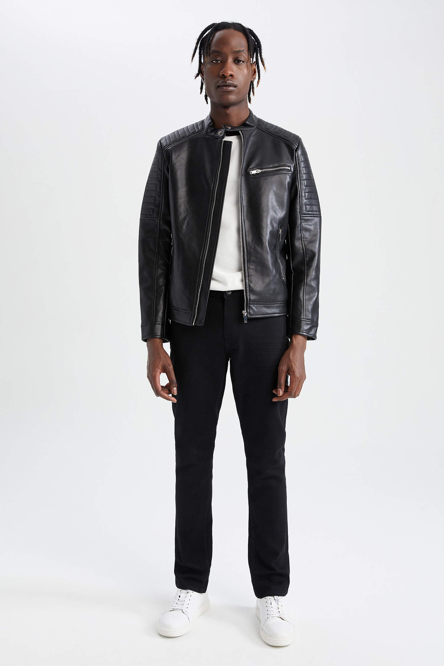 Black MEN Slim Fit Faux Leather Faux Leather Coat 2332134 | DeFacto