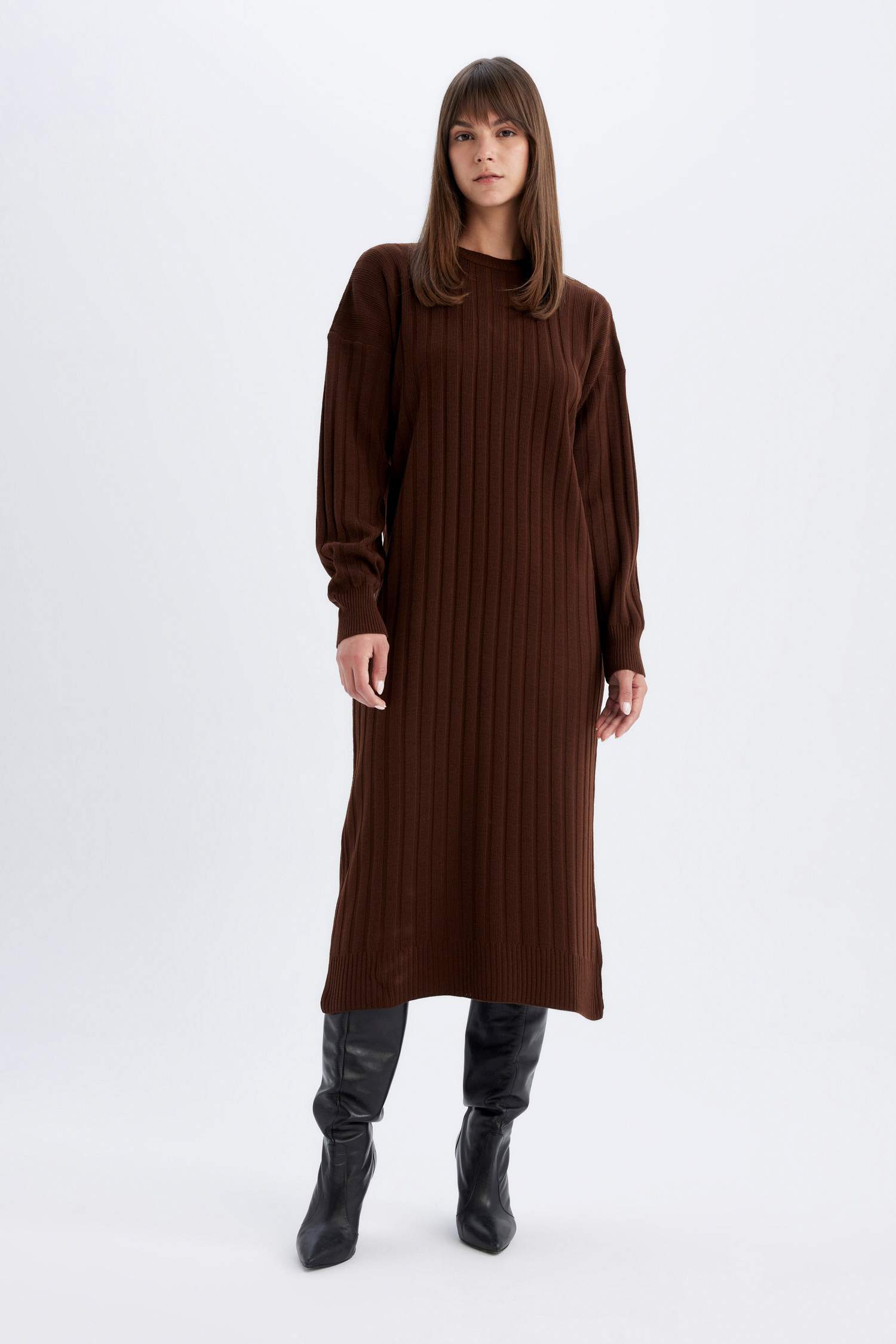 Regular Fit Yarım Balıkçı Yaka Basic Düz Uzun Kollu Triko Elbise