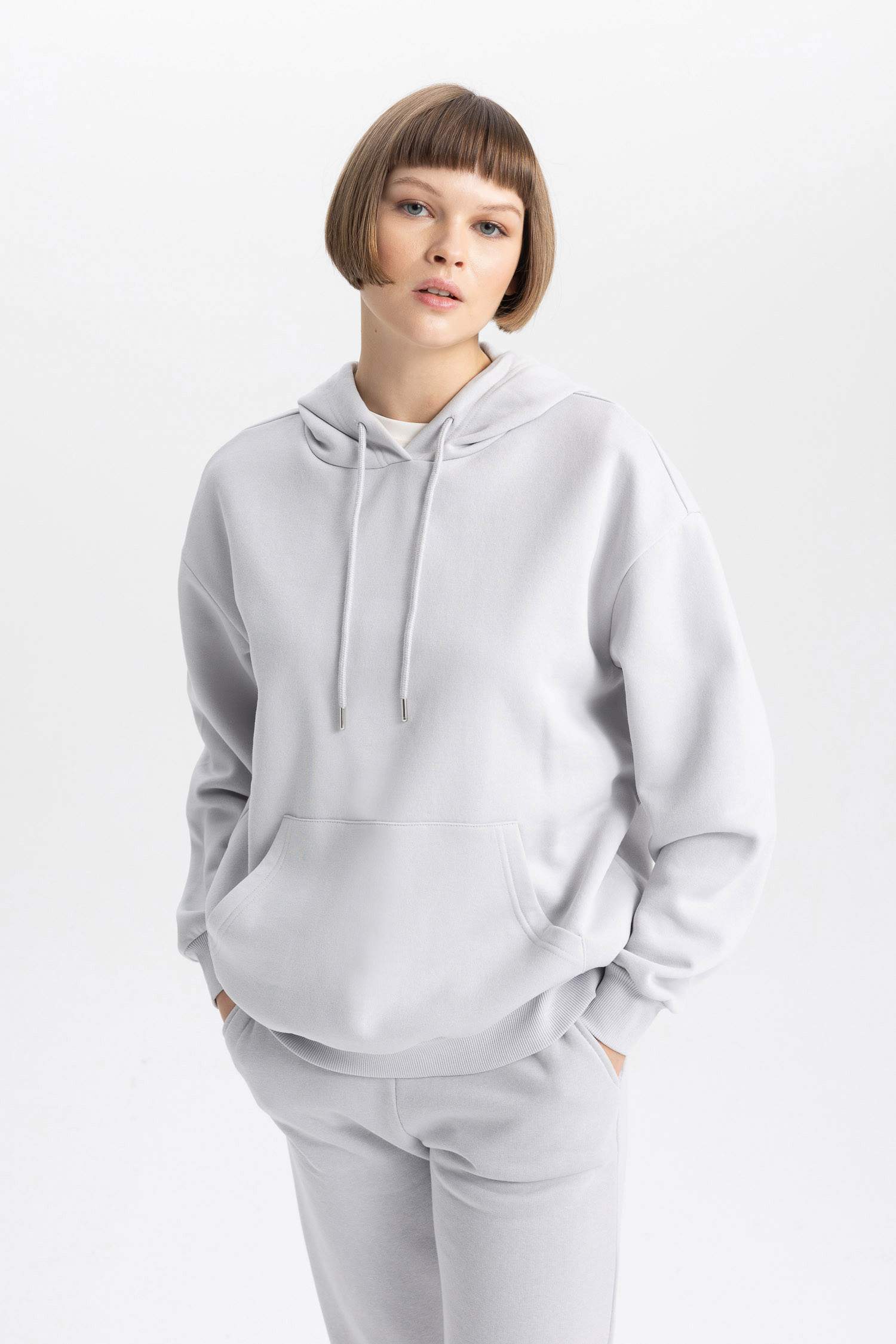 Relax Fit Kapüşonlu Kanguru Cepli Kalın Basic Düz Sweatshirt