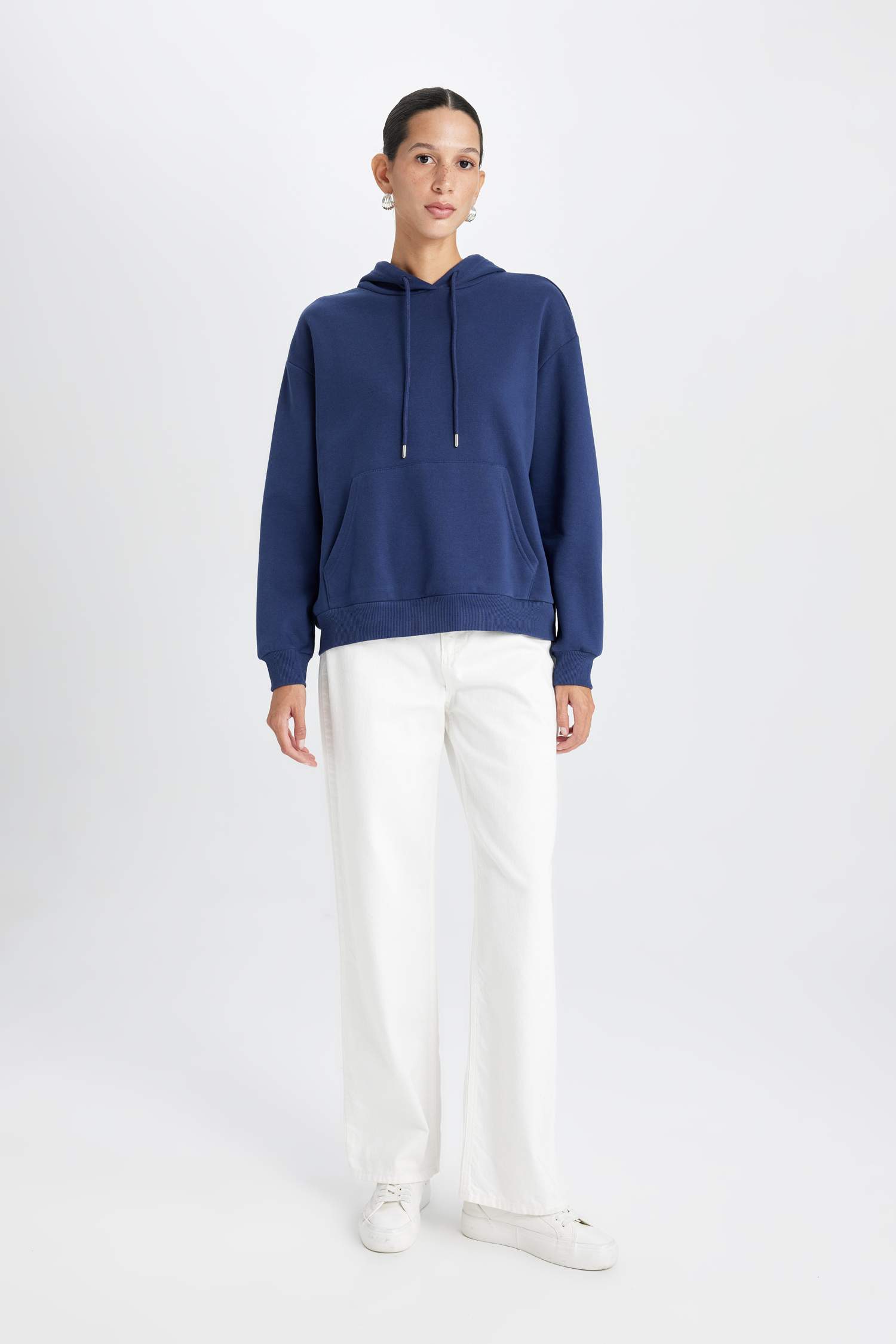 Relax Fit Kapüşonlu Kanguru Cepli Kalın Basic Düz Sweatshirt