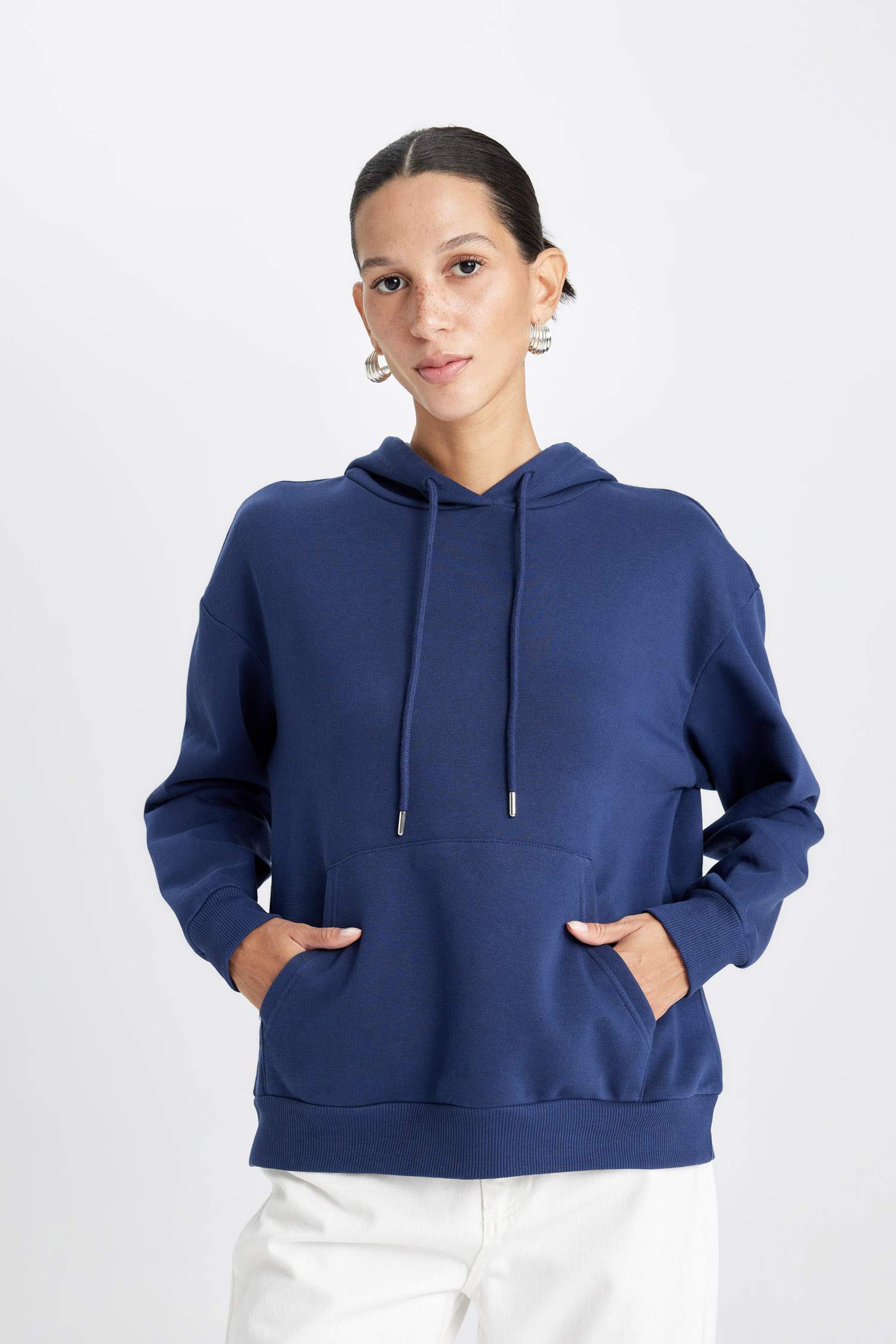 Relax Fit Kapüşonlu Kanguru Cepli Kalın Basic Düz Sweatshirt