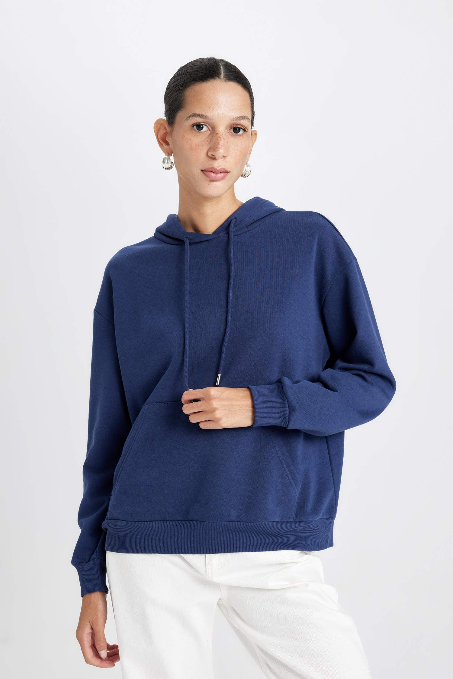 Relax Fit Kapüşonlu Kanguru Cepli Kalın Basic Düz Sweatshirt