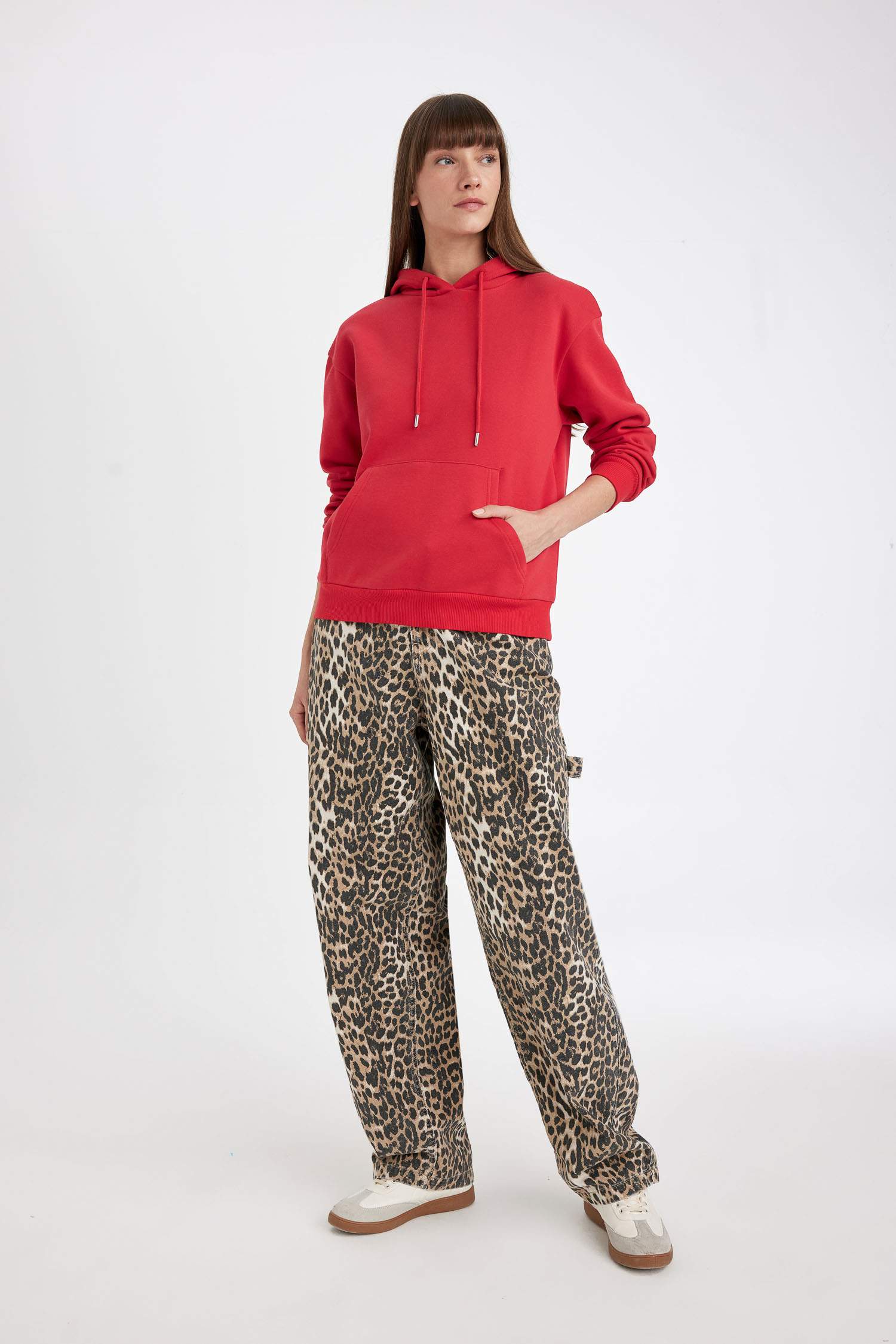 Relax Fit Kapüşonlu Kanguru Cepli Kalın Basic Düz Sweatshirt