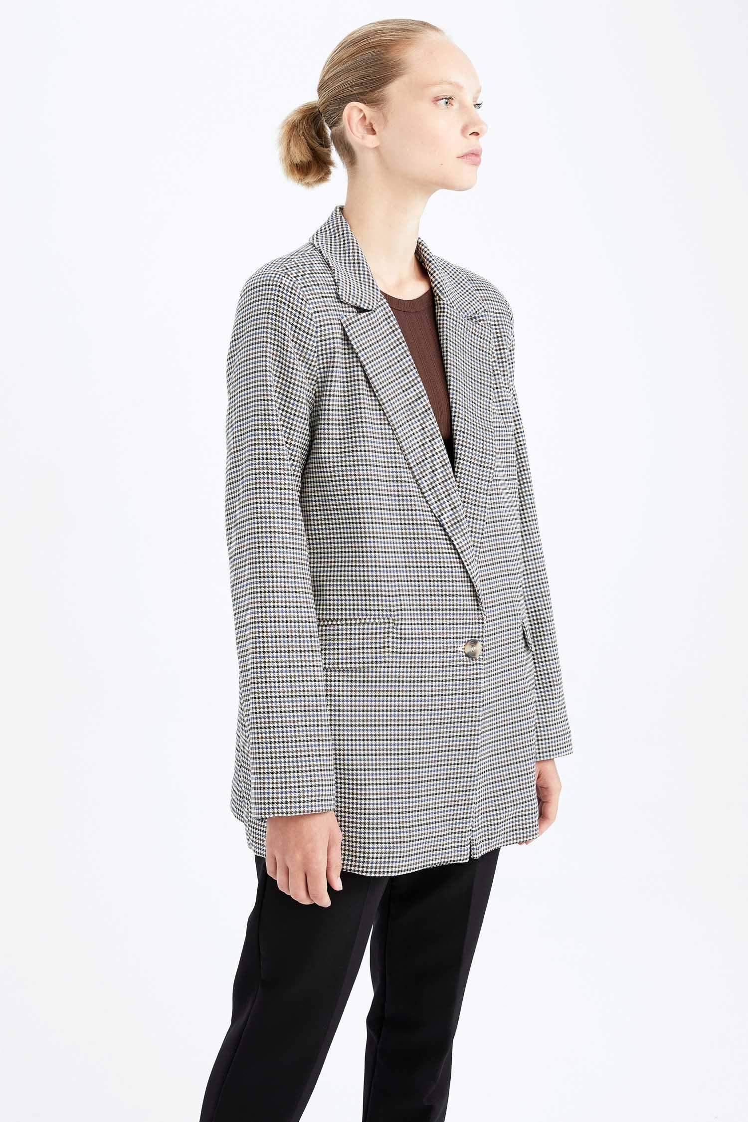 Regular Fit Kareli Tek Düğmeli Blazer Ceket