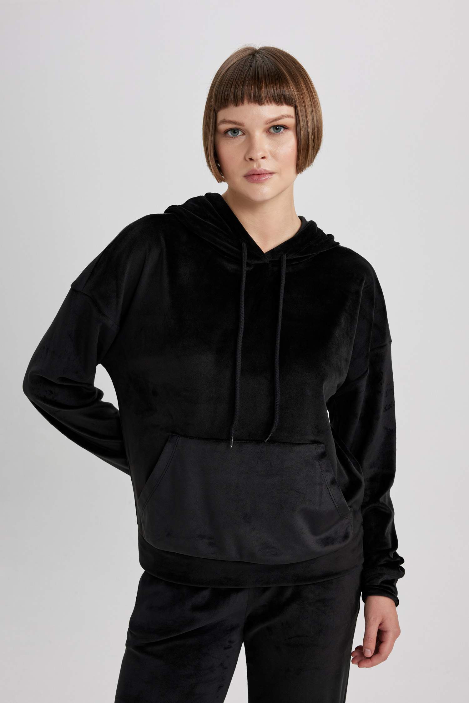Regular Fit Hooded Basic Velvet Sweatshirt