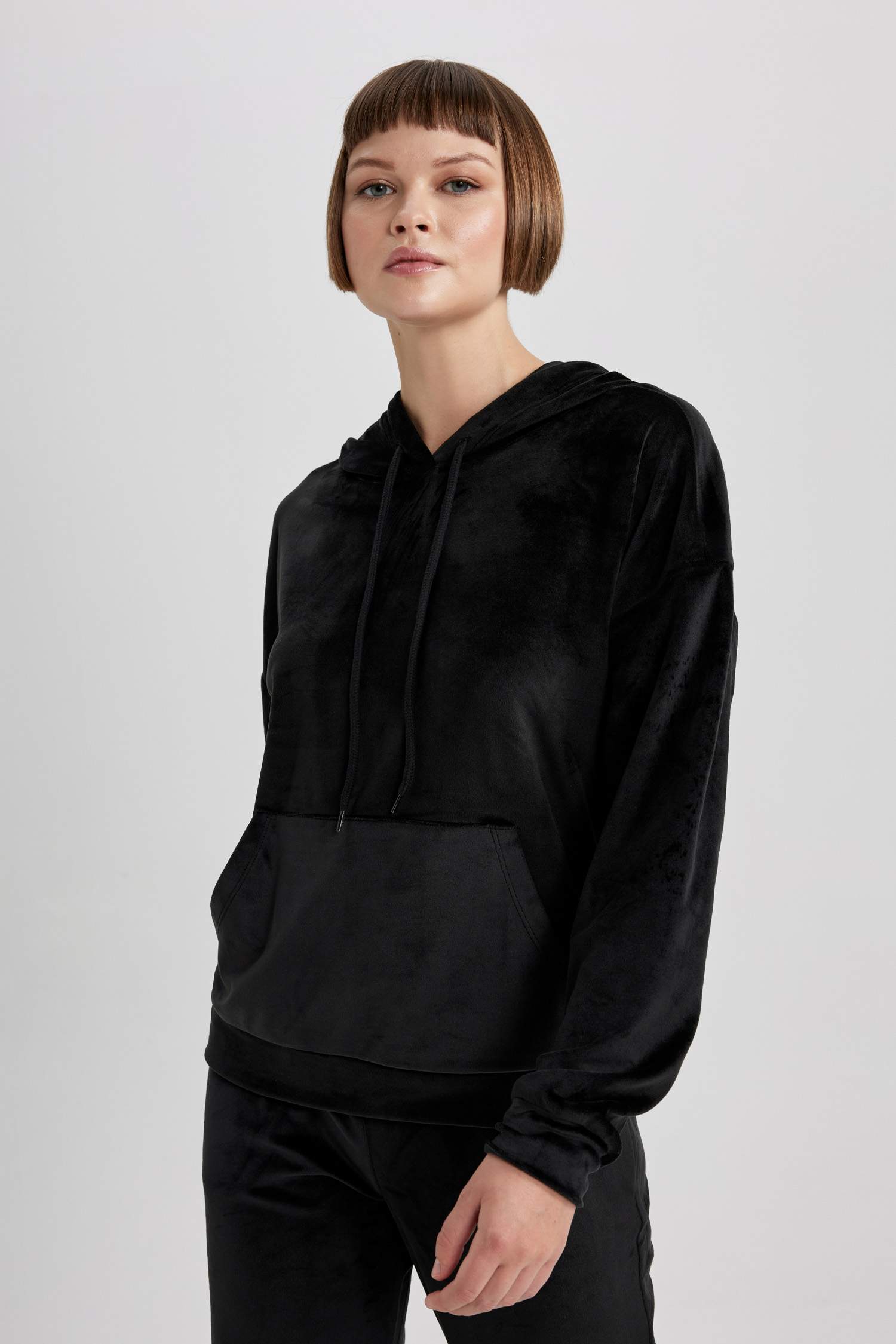 Regular Fit Hooded Basic Velvet Sweatshirt