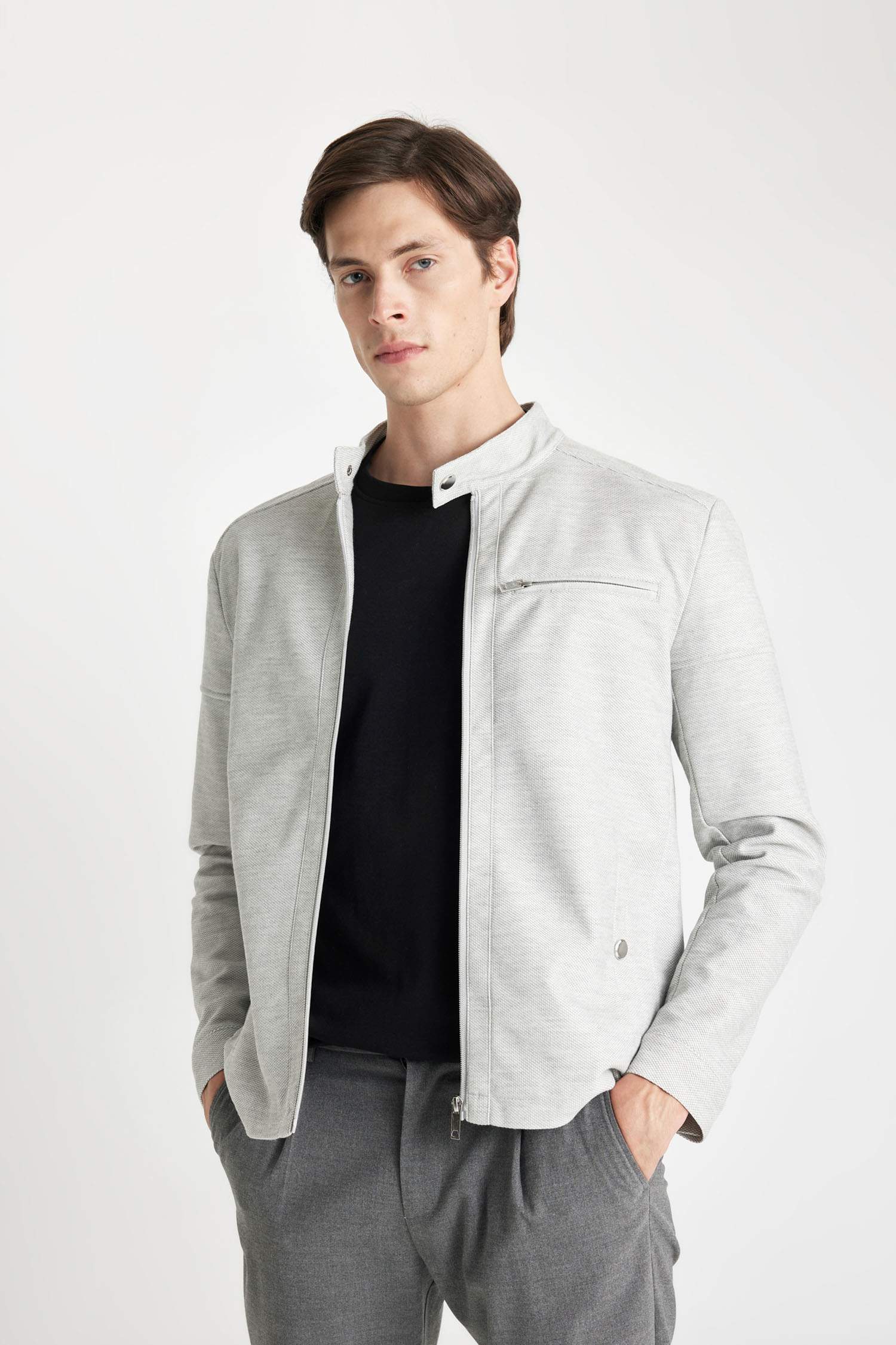 Slim Fit Dar Kesim Dik Yaka Astarlı Fermuarlı Cepli Mevsimlik Baharlık Ceket Mont