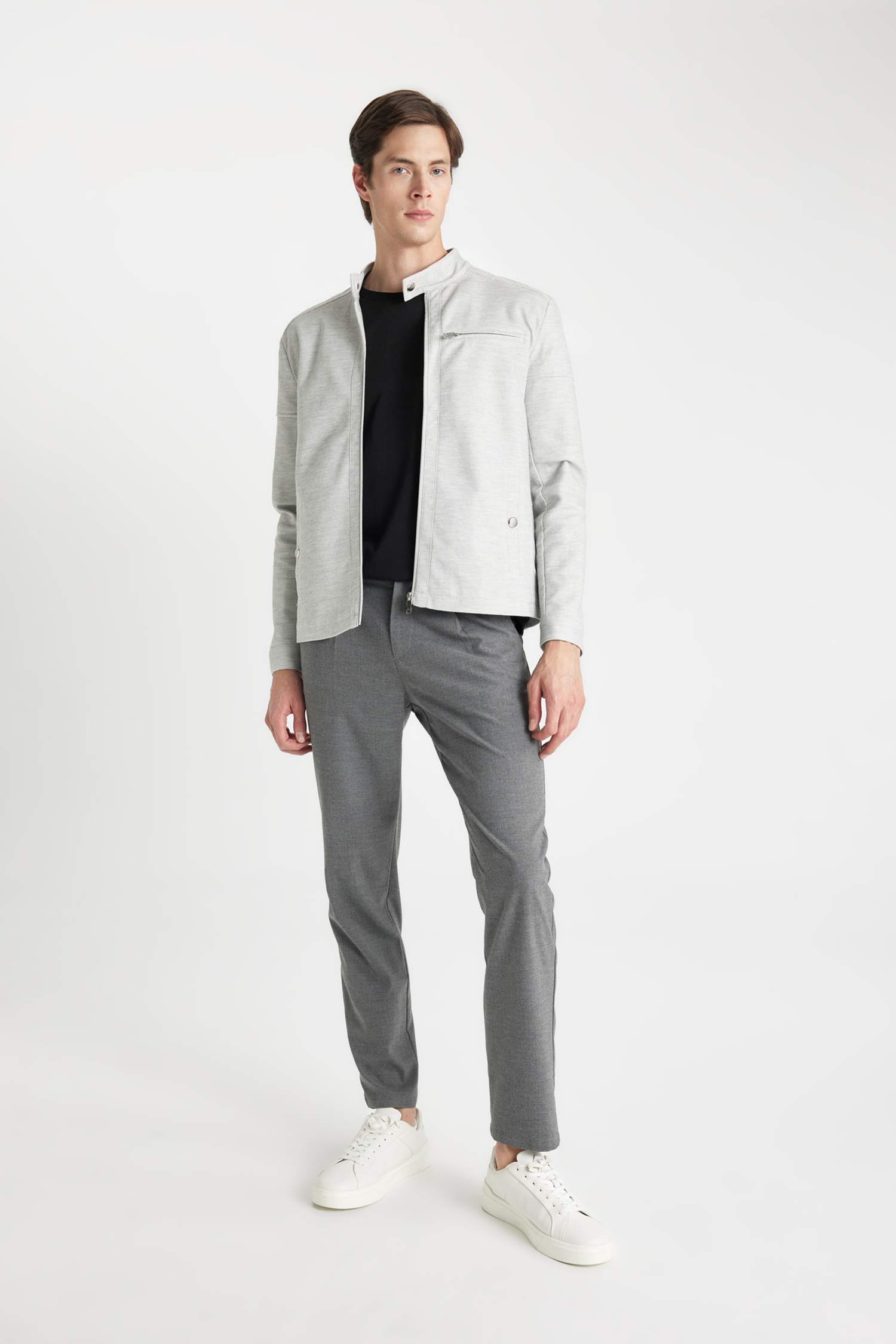 Slim Fit Dar Kesim Dik Yaka Astarlı Fermuarlı Cepli Mevsimlik Baharlık Ceket Mont