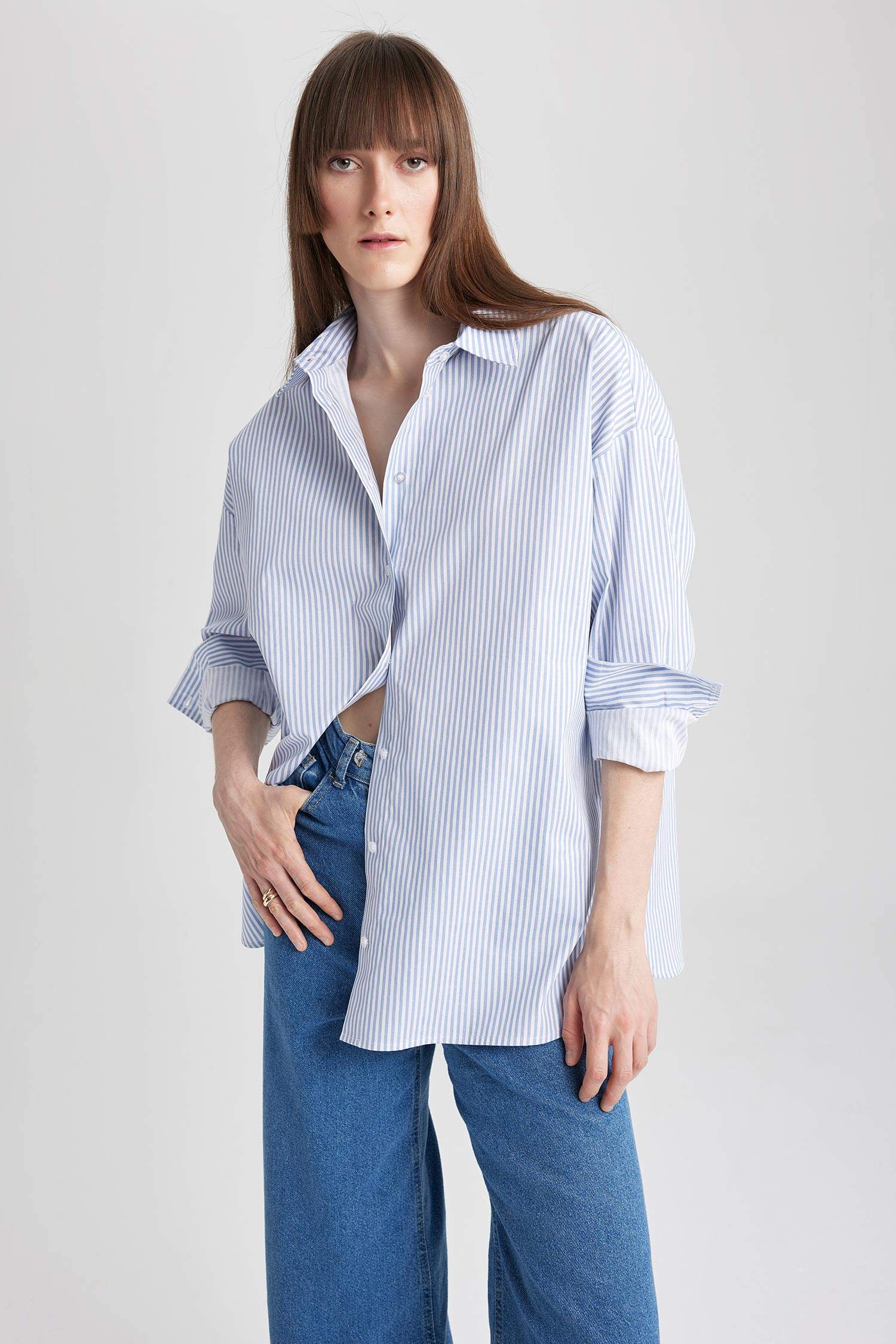 تونيك كم طويل بوبلين واسع  برقبة قميص