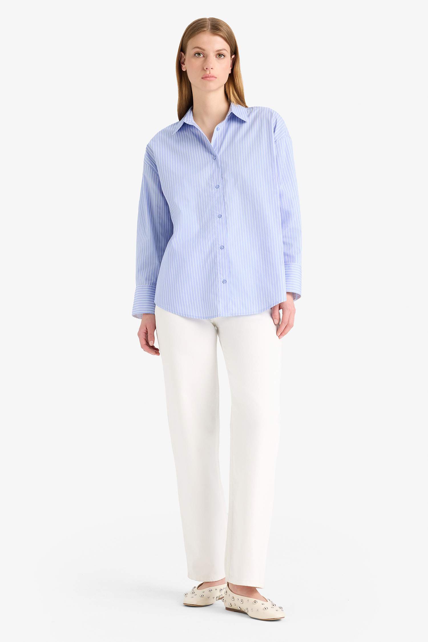 Oversize Fit Shirt Collar Poplin Long Sleeve Shirt