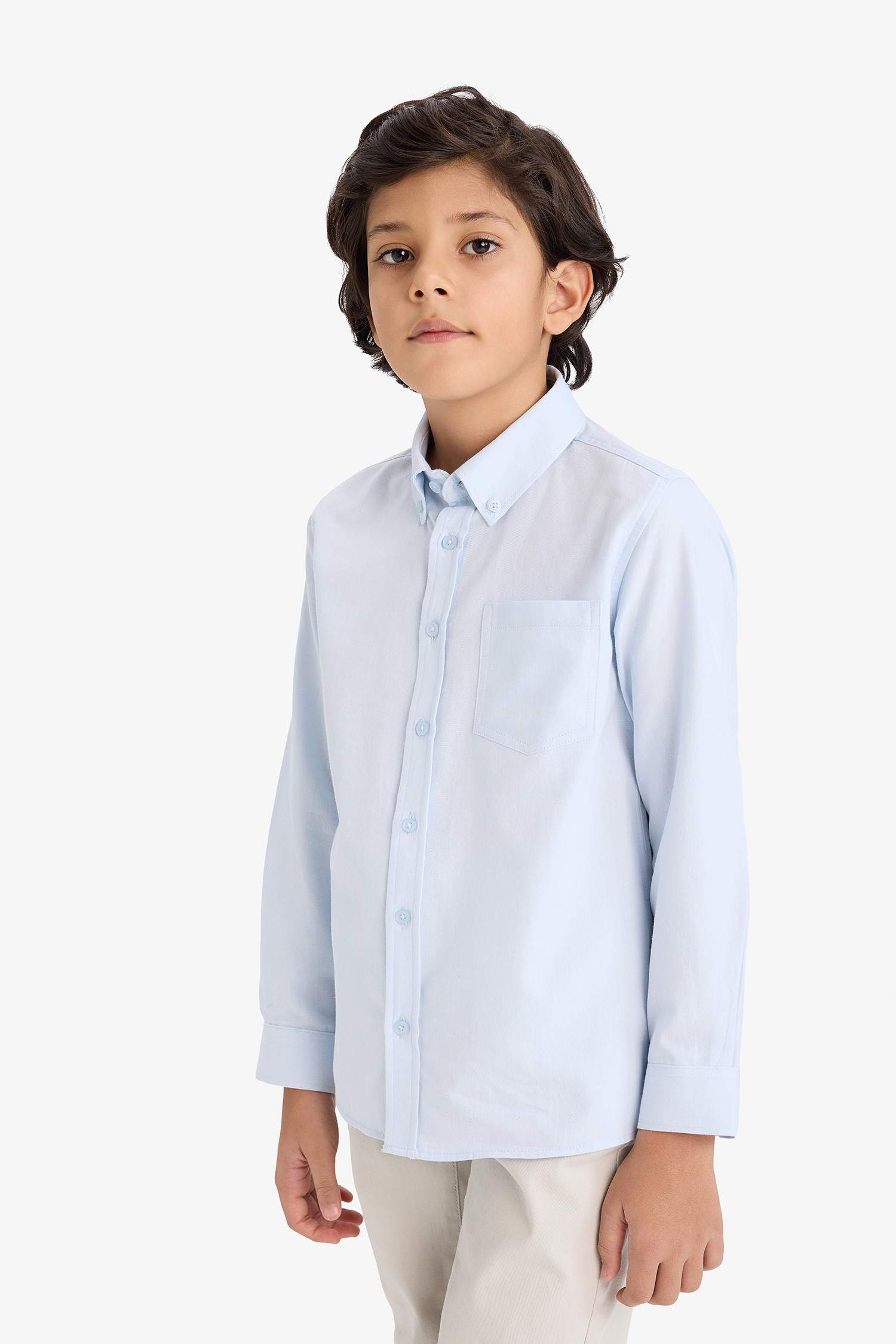 Erkek Çocuk Polo Yaka Oxford Uzun Kollu Basic Düz Gömlek