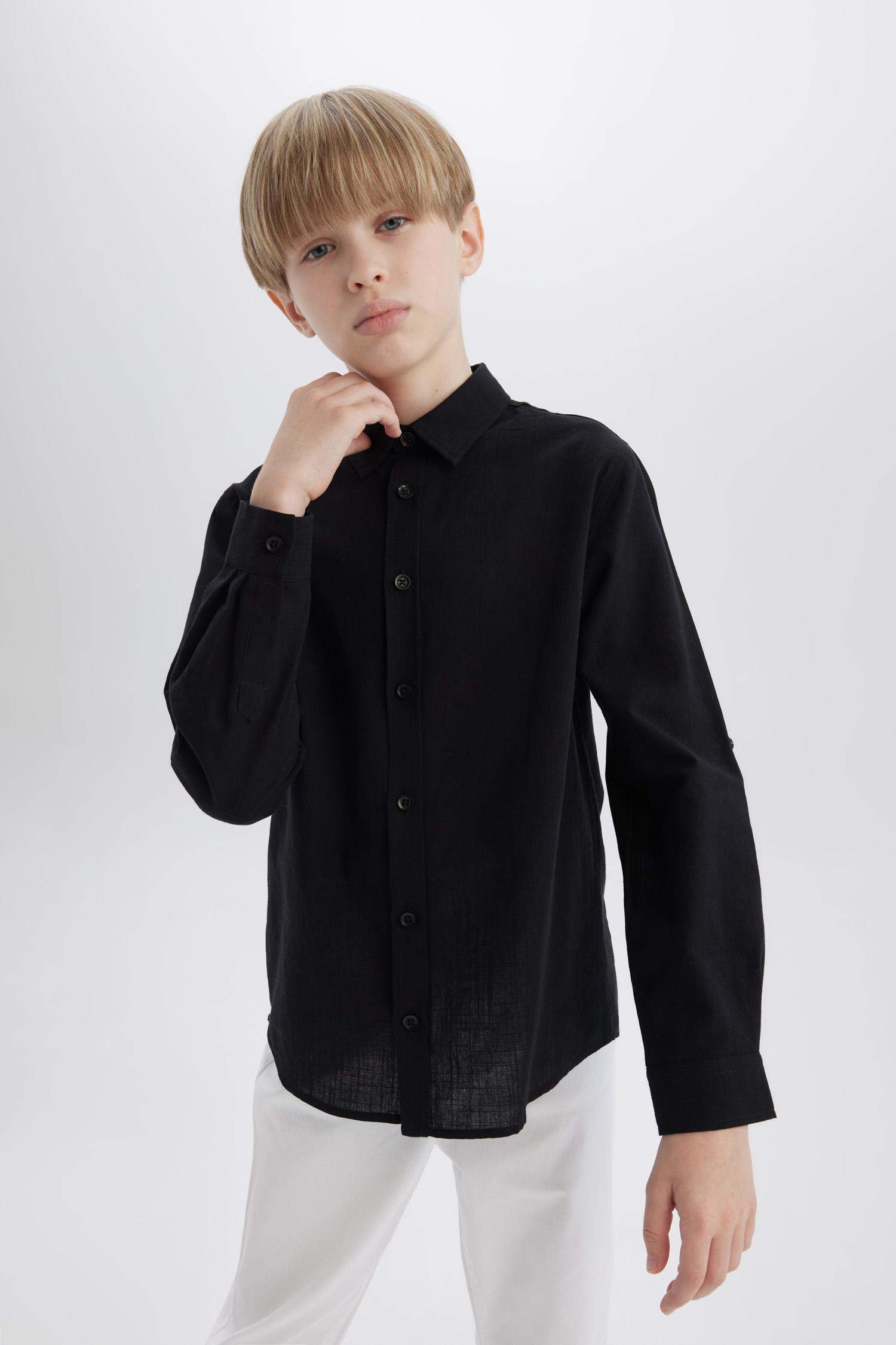 قميص بولو اولادي كم طويل ذو مظهر كتاني قصة عادية