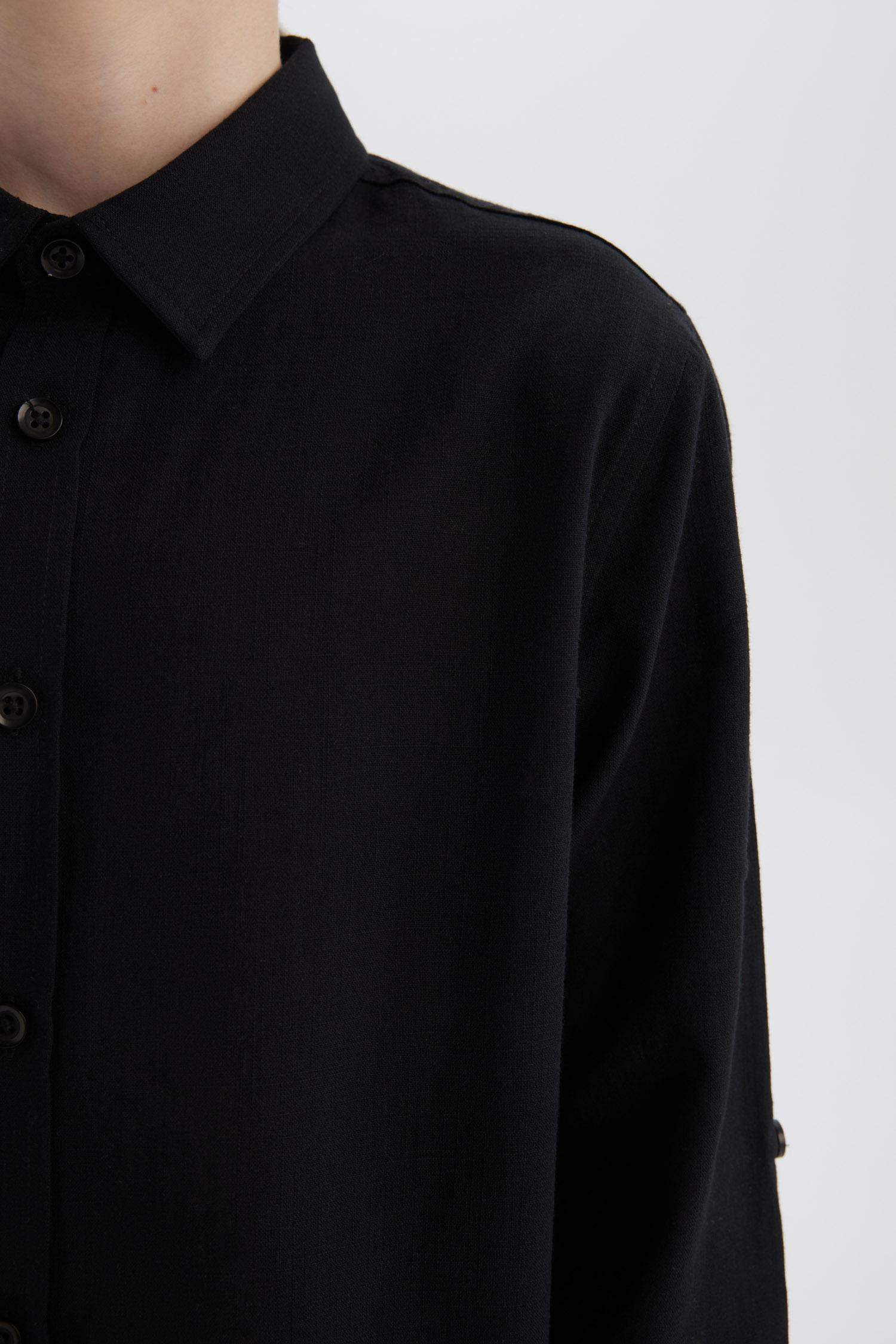 قميص بولو اولادي كم طويل ذو مظهر كتاني قصة عادية