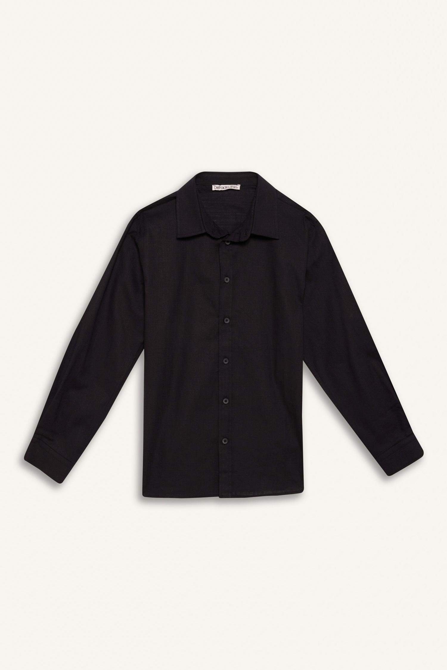 قميص بولو اولادي كم طويل ذو مظهر كتاني قصة عادية