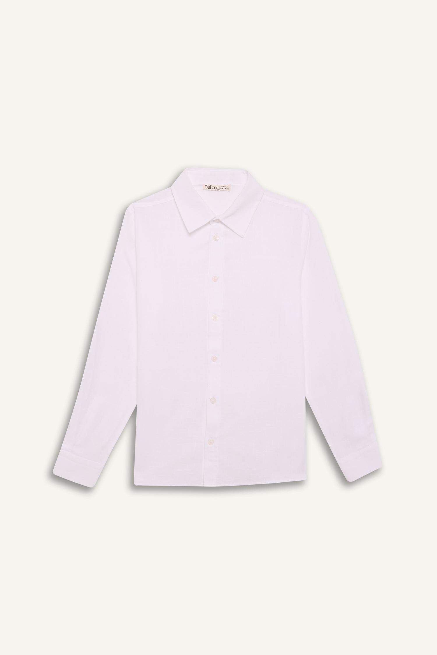 Erkek Çocuk Polo Yaka Keten Görünümlü Uzun Kollu Basic Düz Gömlek