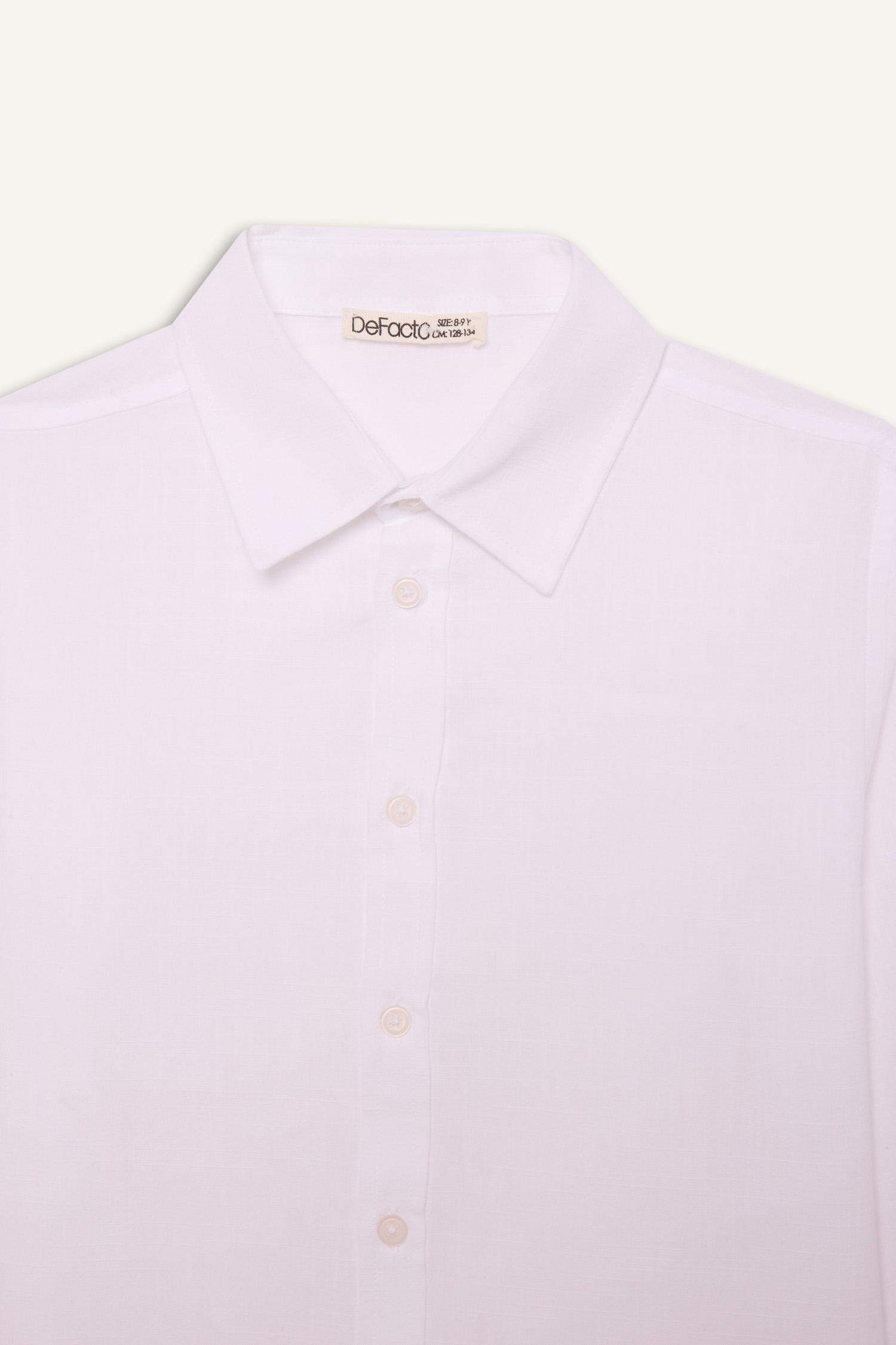 Erkek Çocuk Polo Yaka Keten Görünümlü Uzun Kollu Basic Düz Gömlek